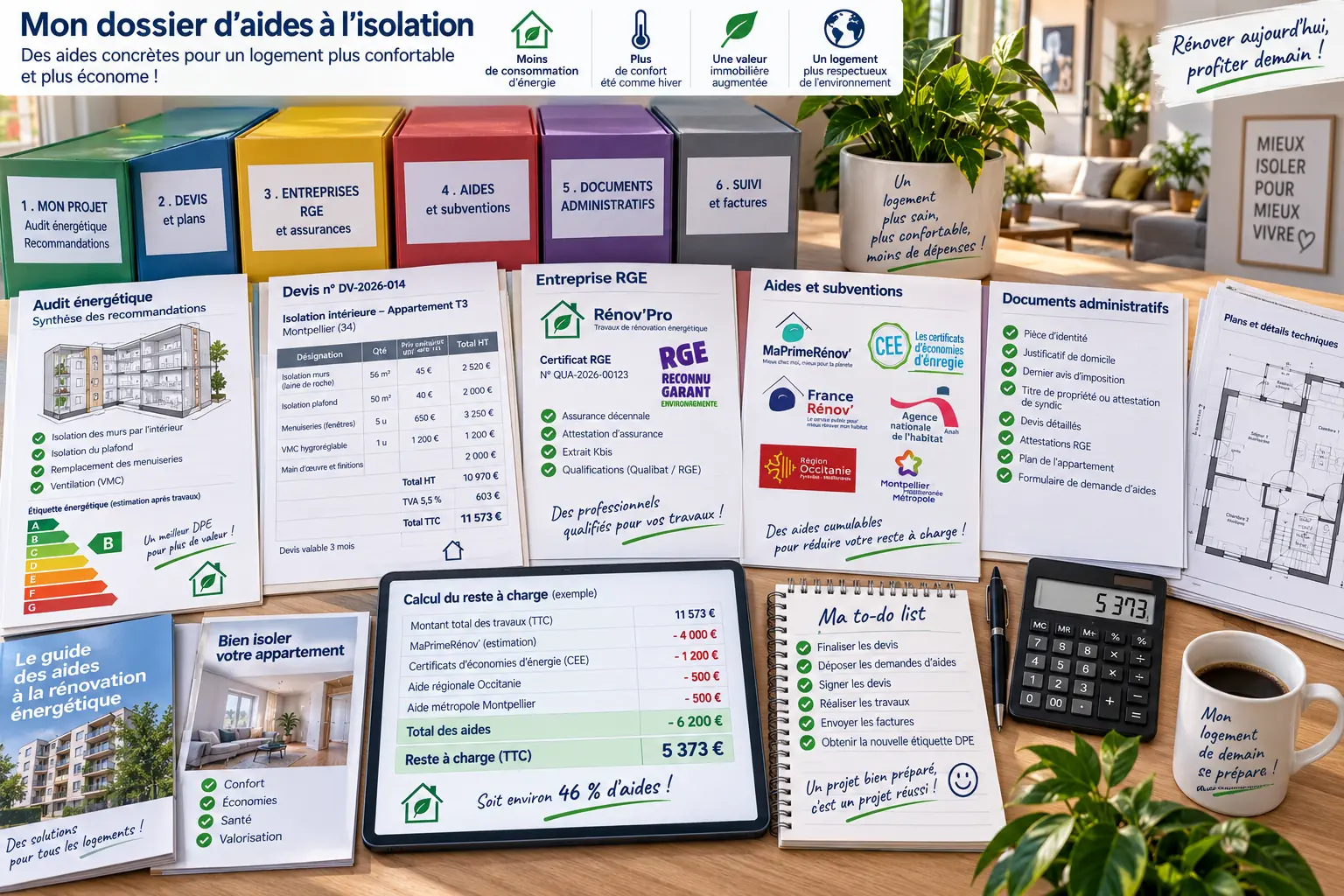 Dossier d’aides à l’isolation d’un appartement avec devis, documents RGE et calcul du reste à charge
