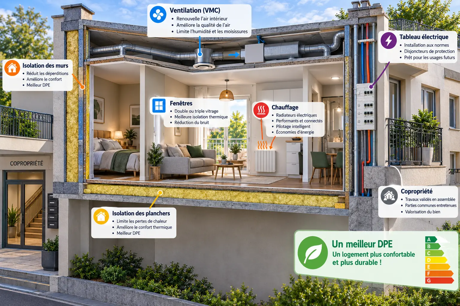 Appartement en coupe avec isolation, ventilation, chauffage, fenêtres et copropriété pour améliorer le DPE