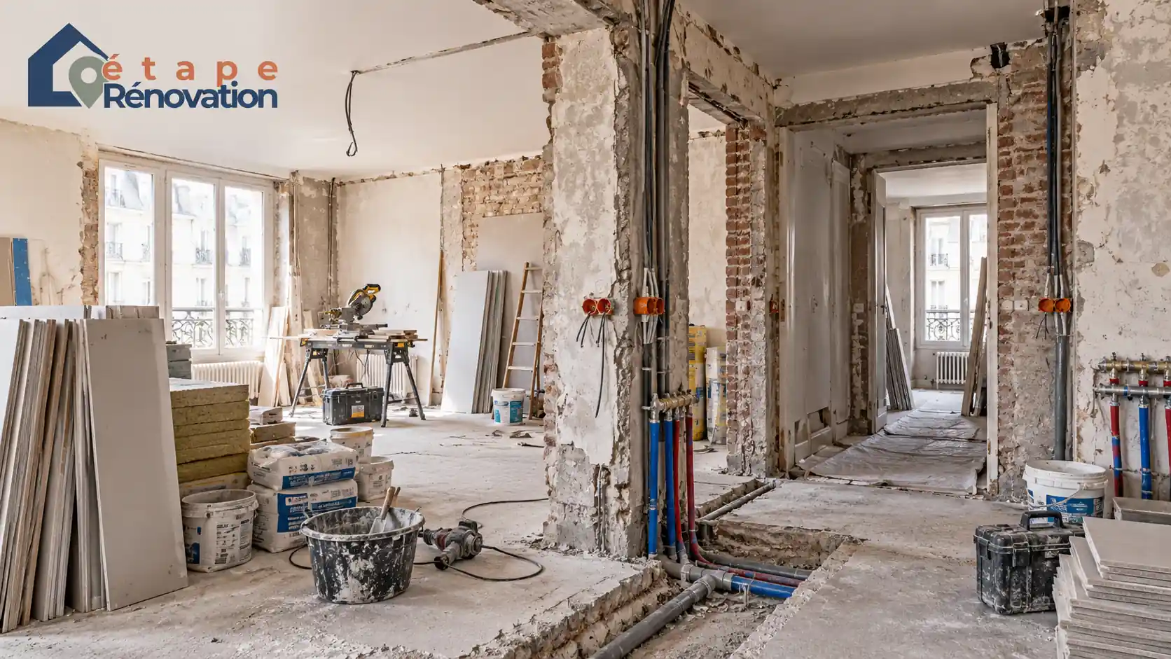 Appartement ancien en chantier avec travaux lourds et matériaux de rénovation