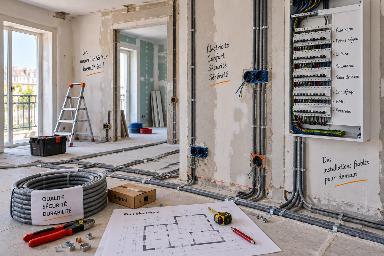 Appartement en rénovation avec gaines électriques et prises en cours de pose