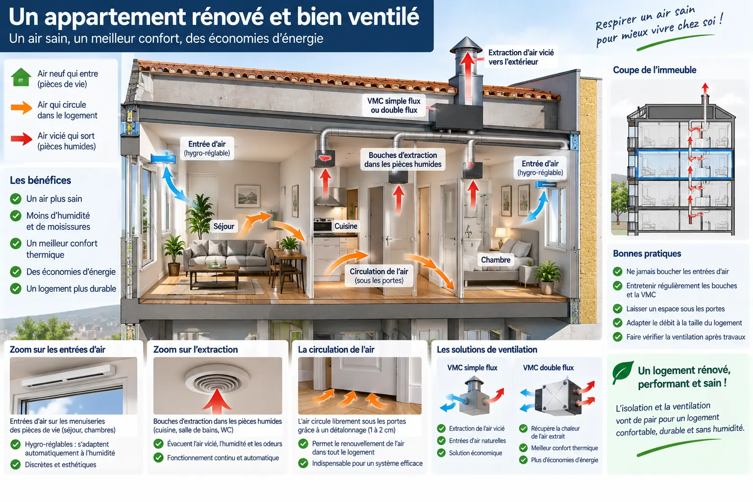 Appartement rénové en coupe montrant entrées d’air, circulation, extraction et ventilation