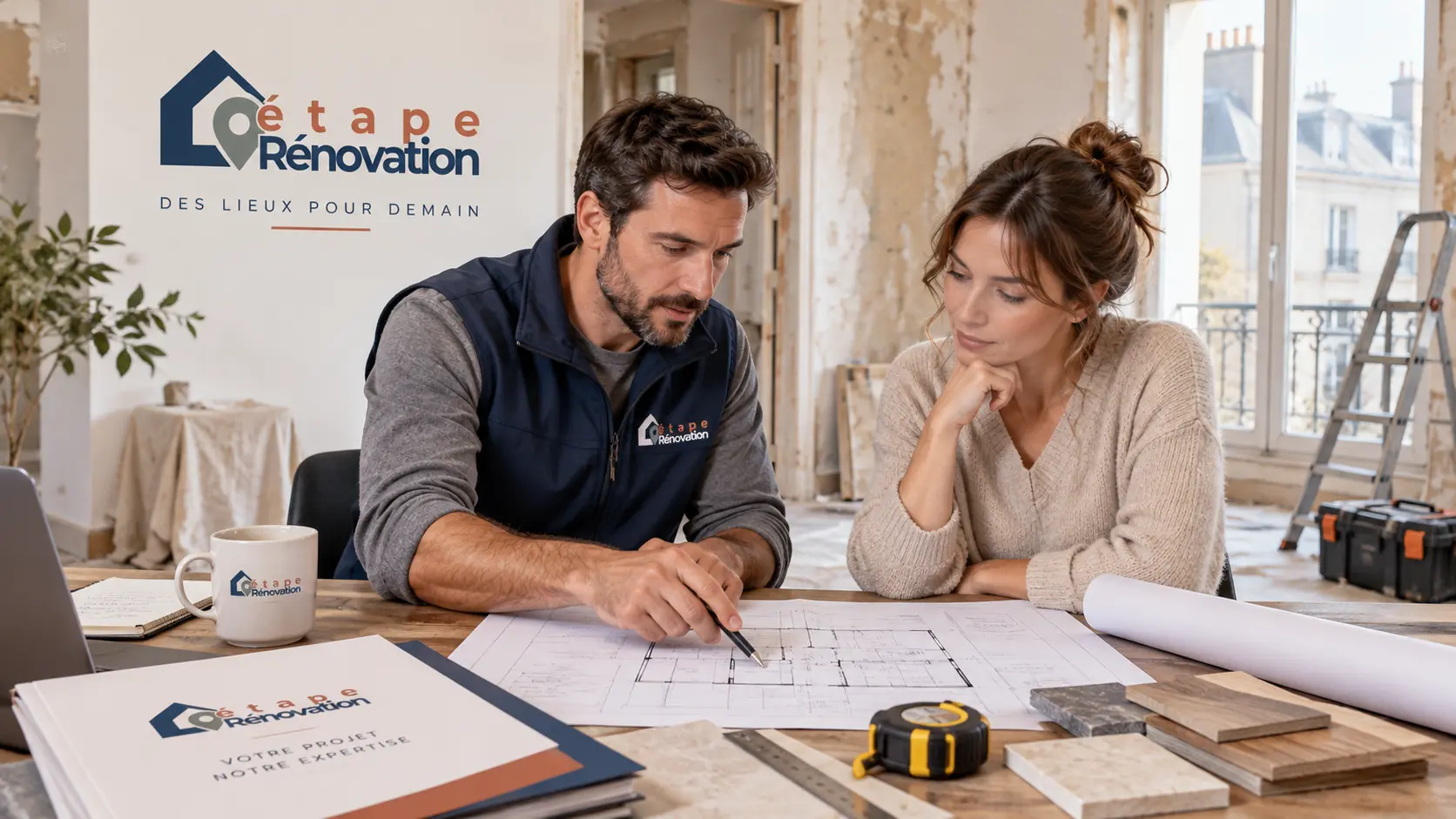 Artisan analysant un appartement à rénover avec plan et propriétaire