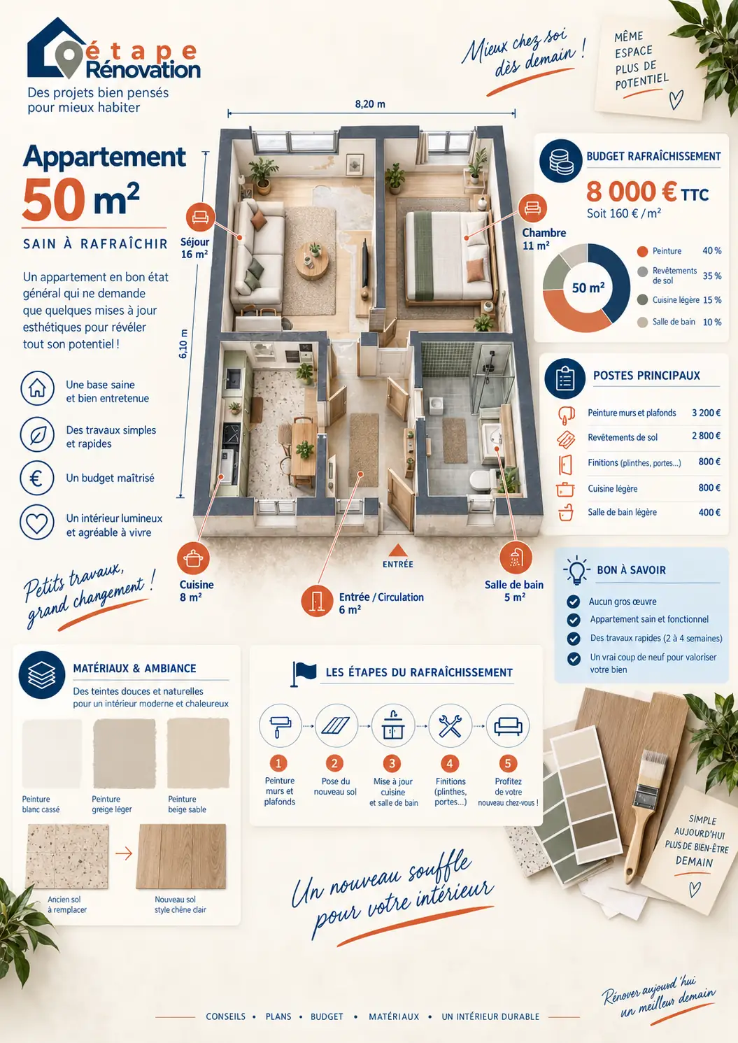Appartement de 50 m² sain à rafraîchir avec peinture claire et sol à remplacer