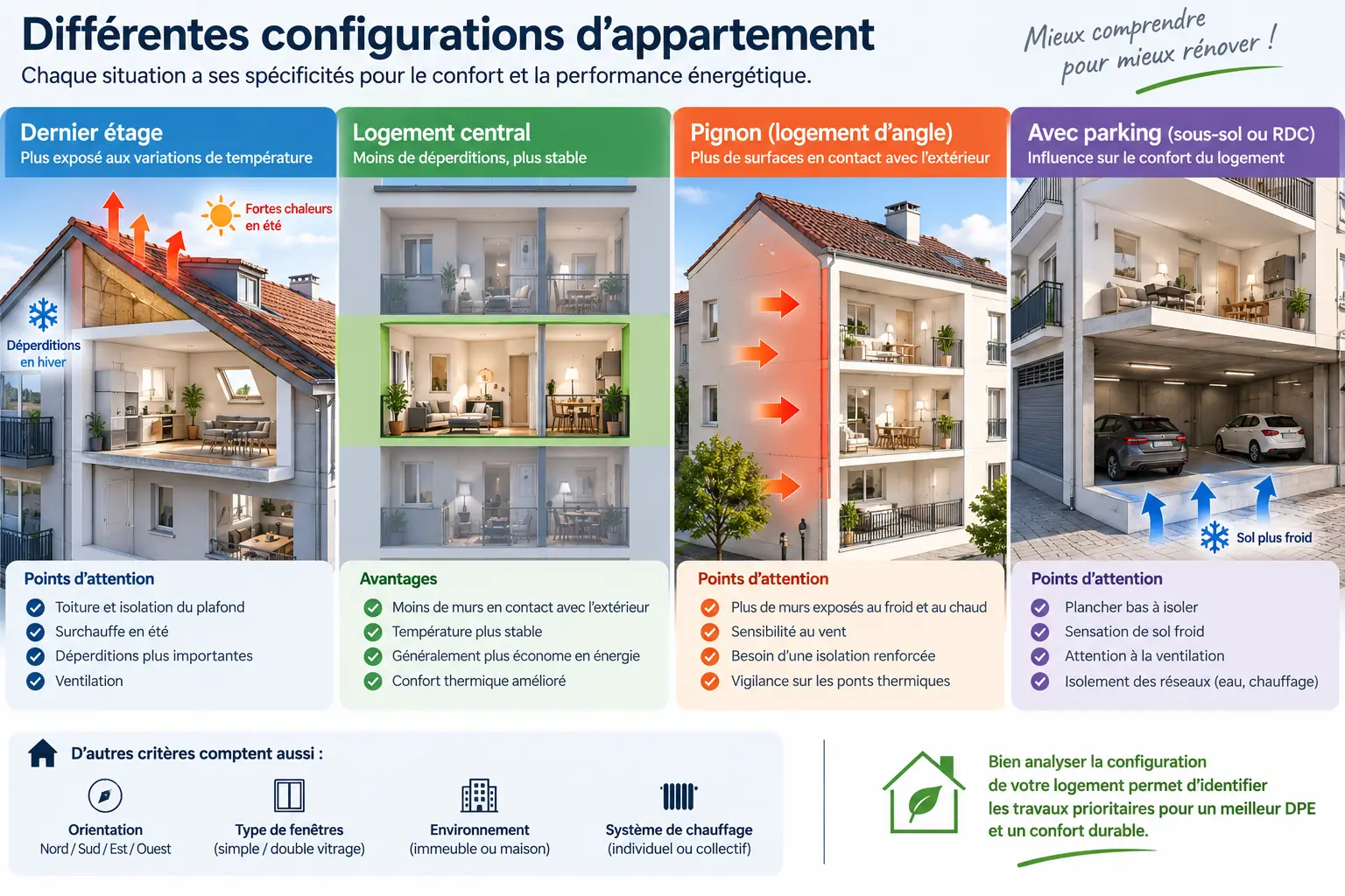 Plusieurs configurations d’appartements montrant dernier étage, parking, pignon et logement central