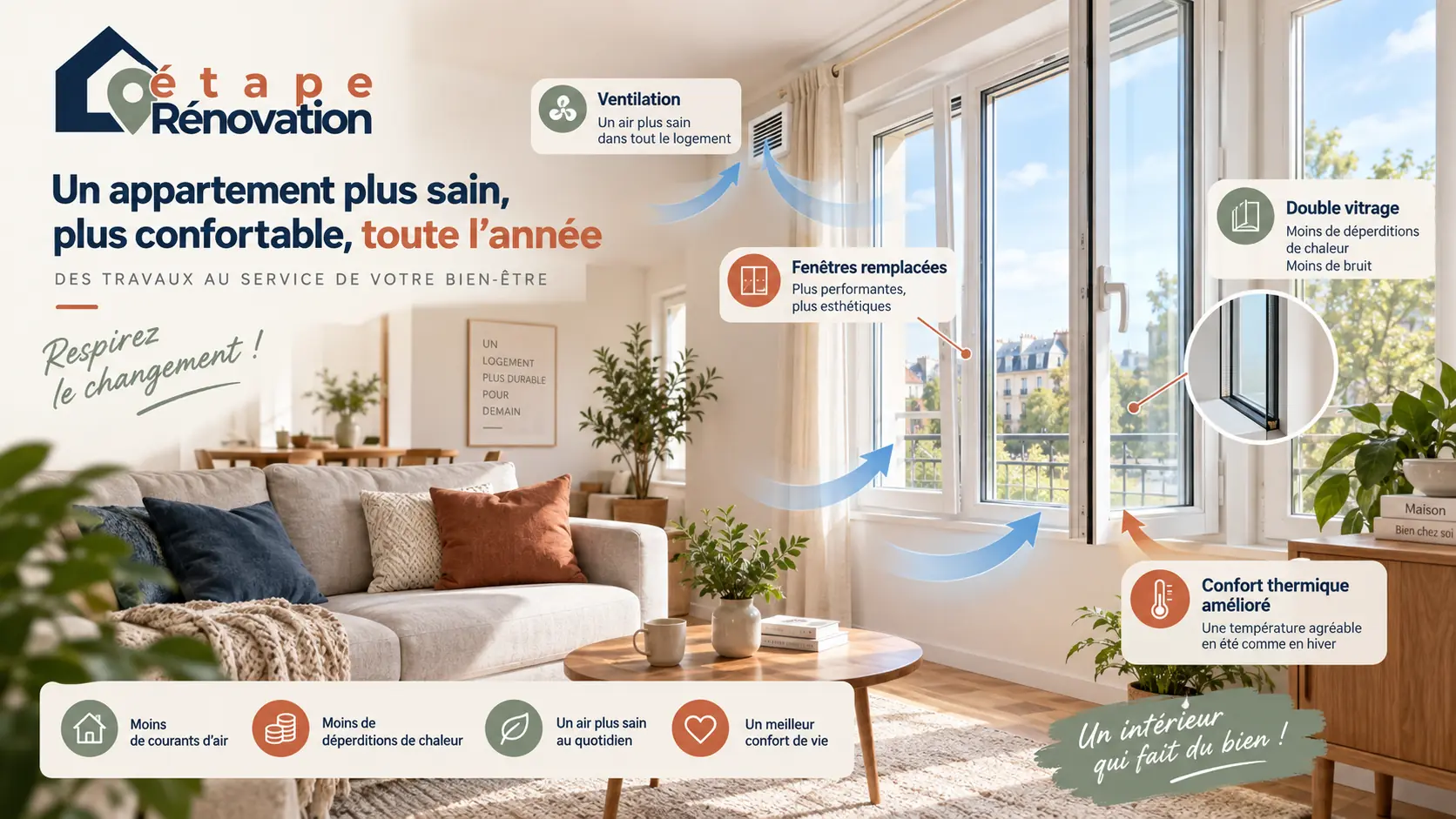 Appartement avec fenêtres remplacées, double vitrage, ventilation et amélioration du confort thermique