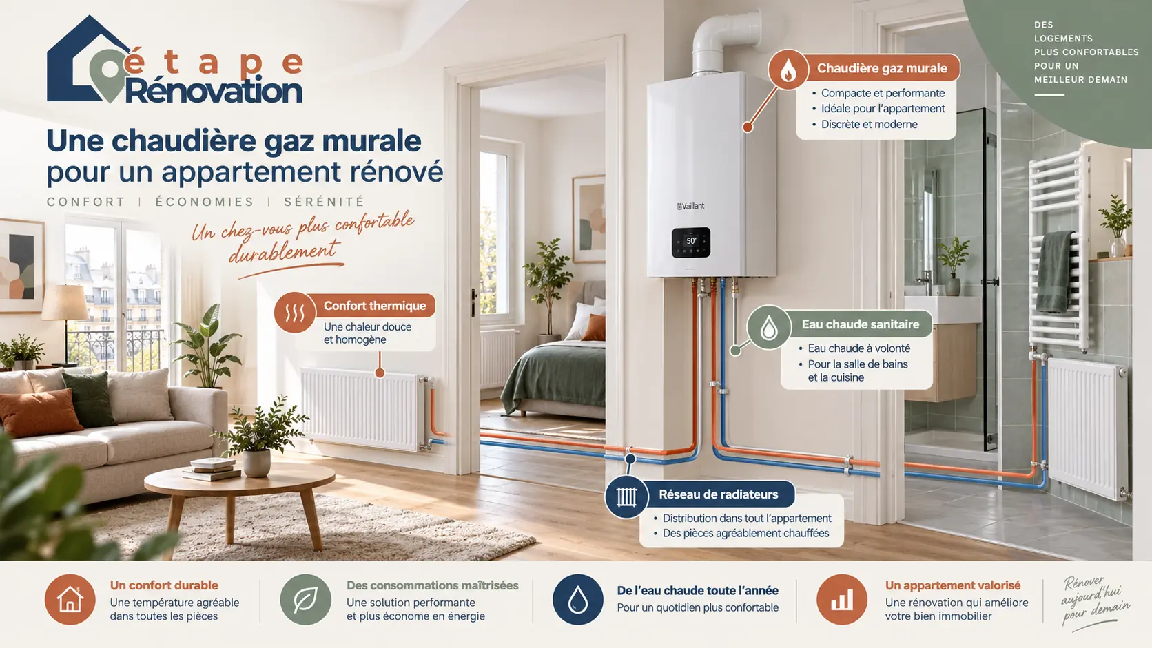 Chaudière gaz murale dans un appartement rénové avec réseau de radiateurs