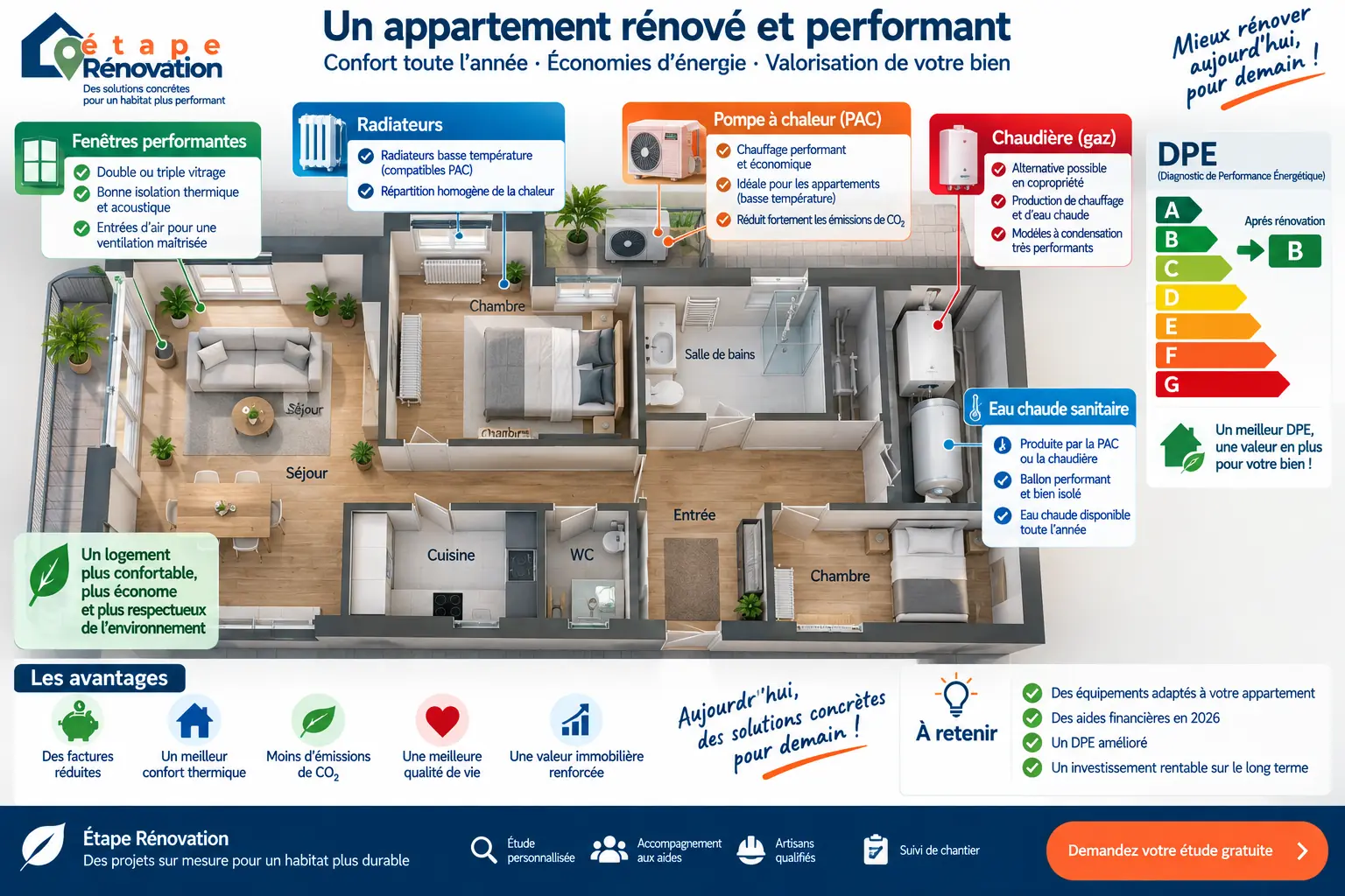 Appartement rénové avec radiateurs, pompe à chaleur, chaudière et repère DPE