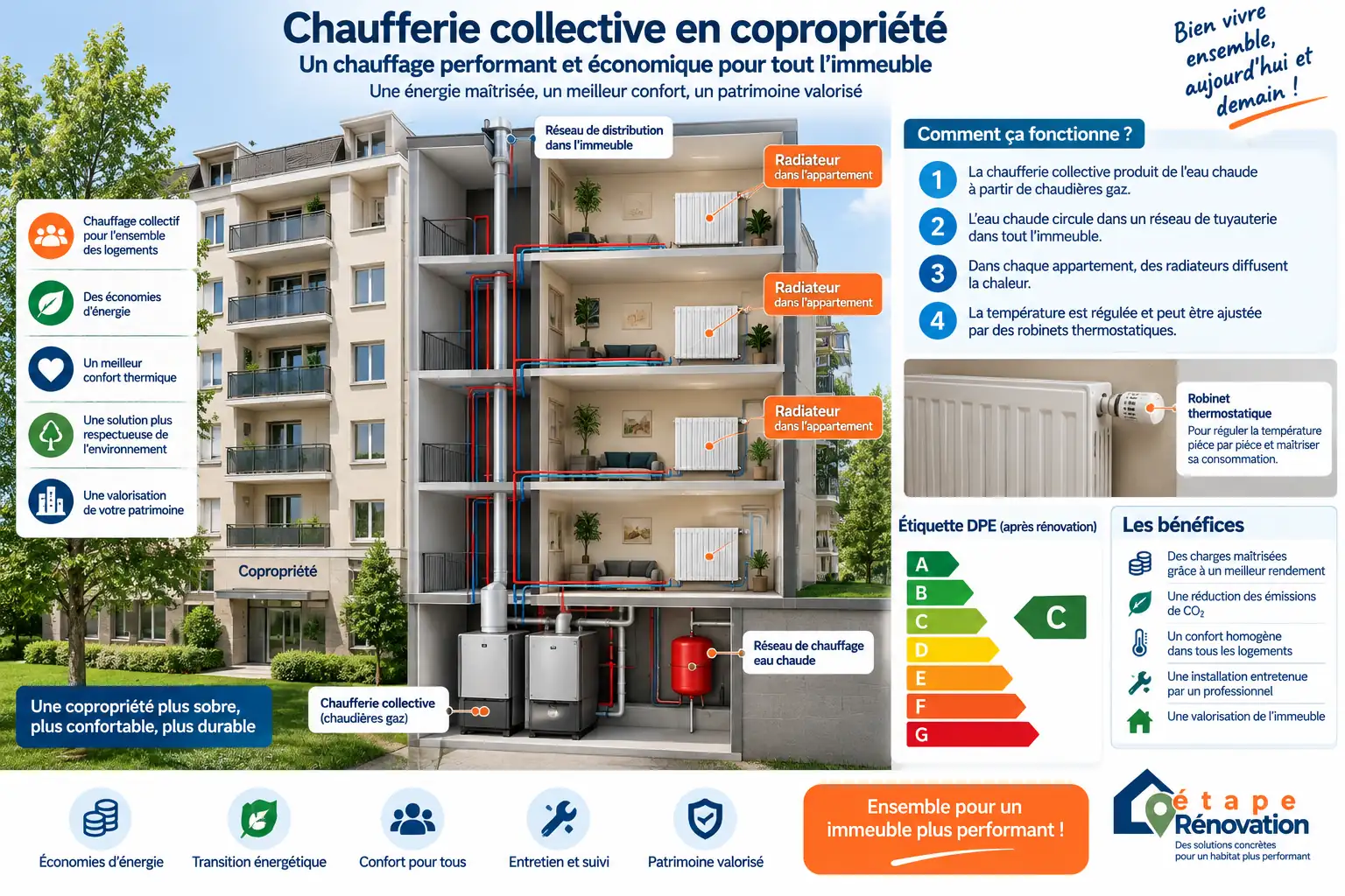 Immeuble en copropriété avec chaufferie collective et radiateurs d’appartement