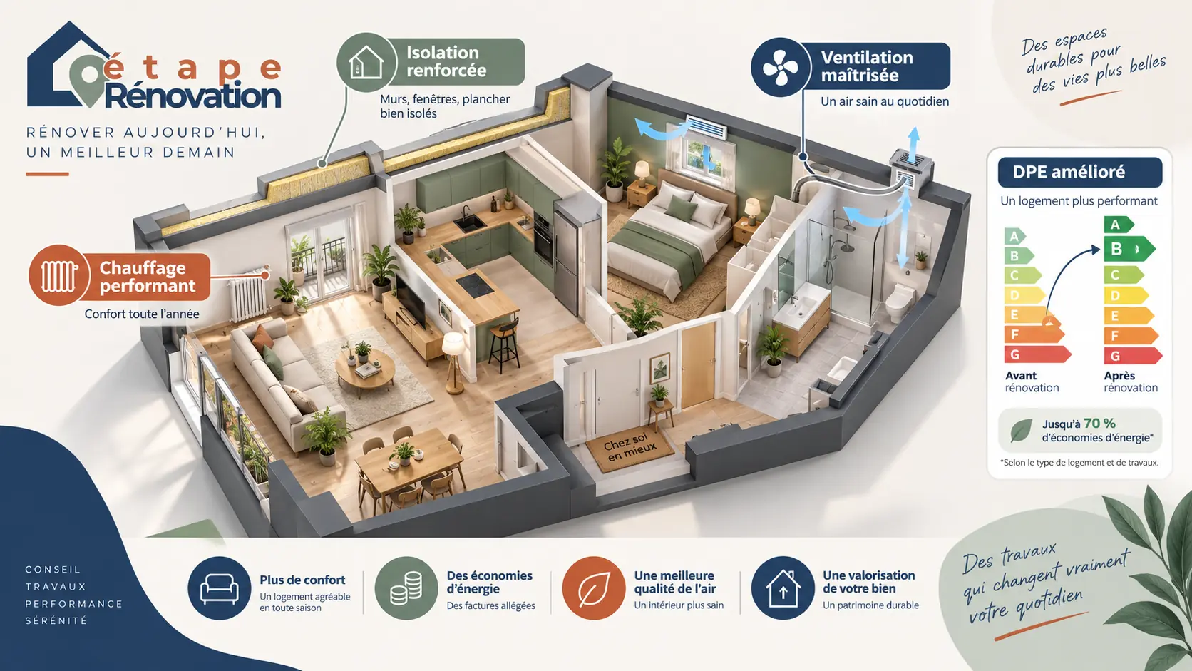 Appartement rénové montrant chauffage, isolation, ventilation et étiquette DPE