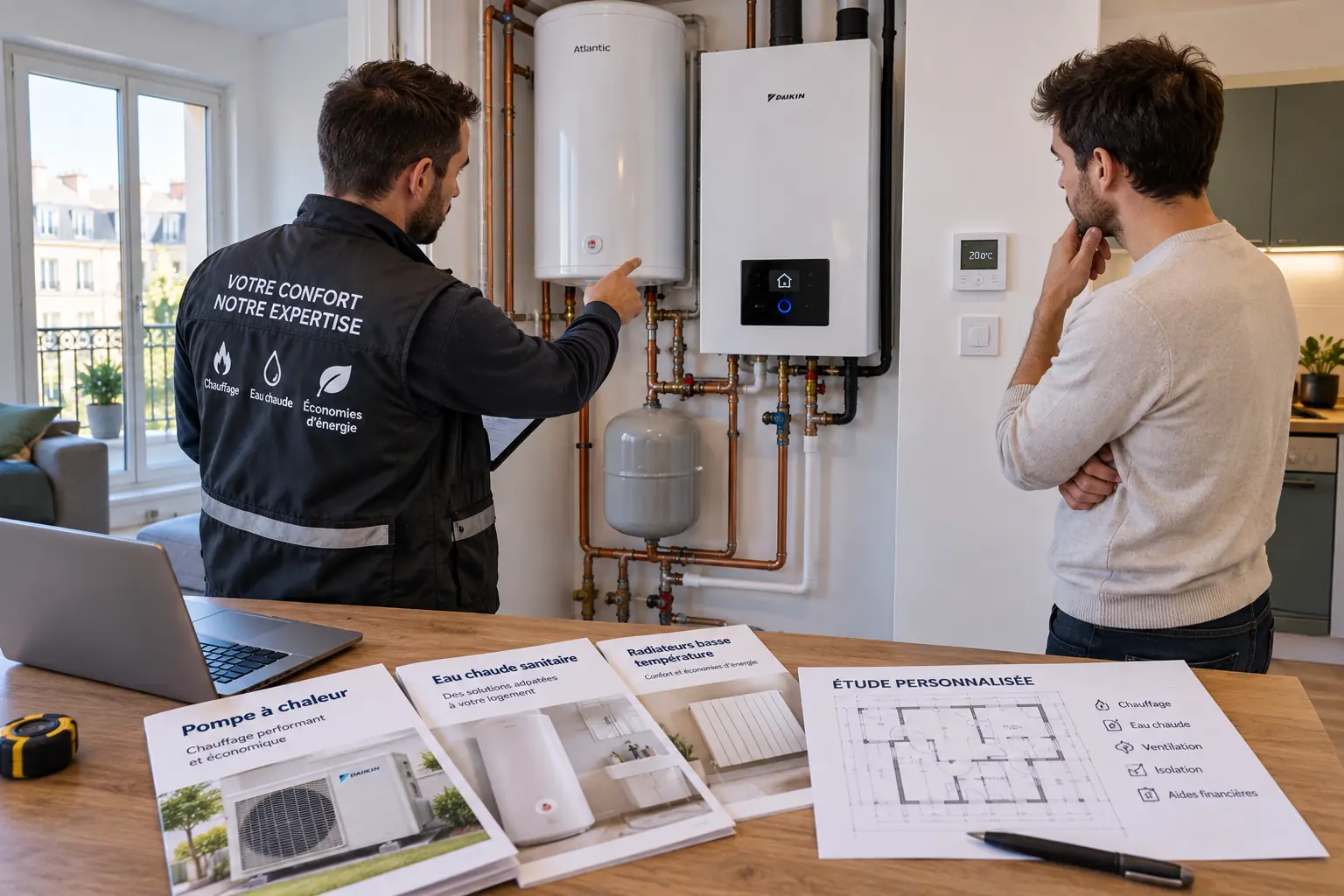 Technicien étudiant une solution de chauffage et d’eau chaude dans un appartement