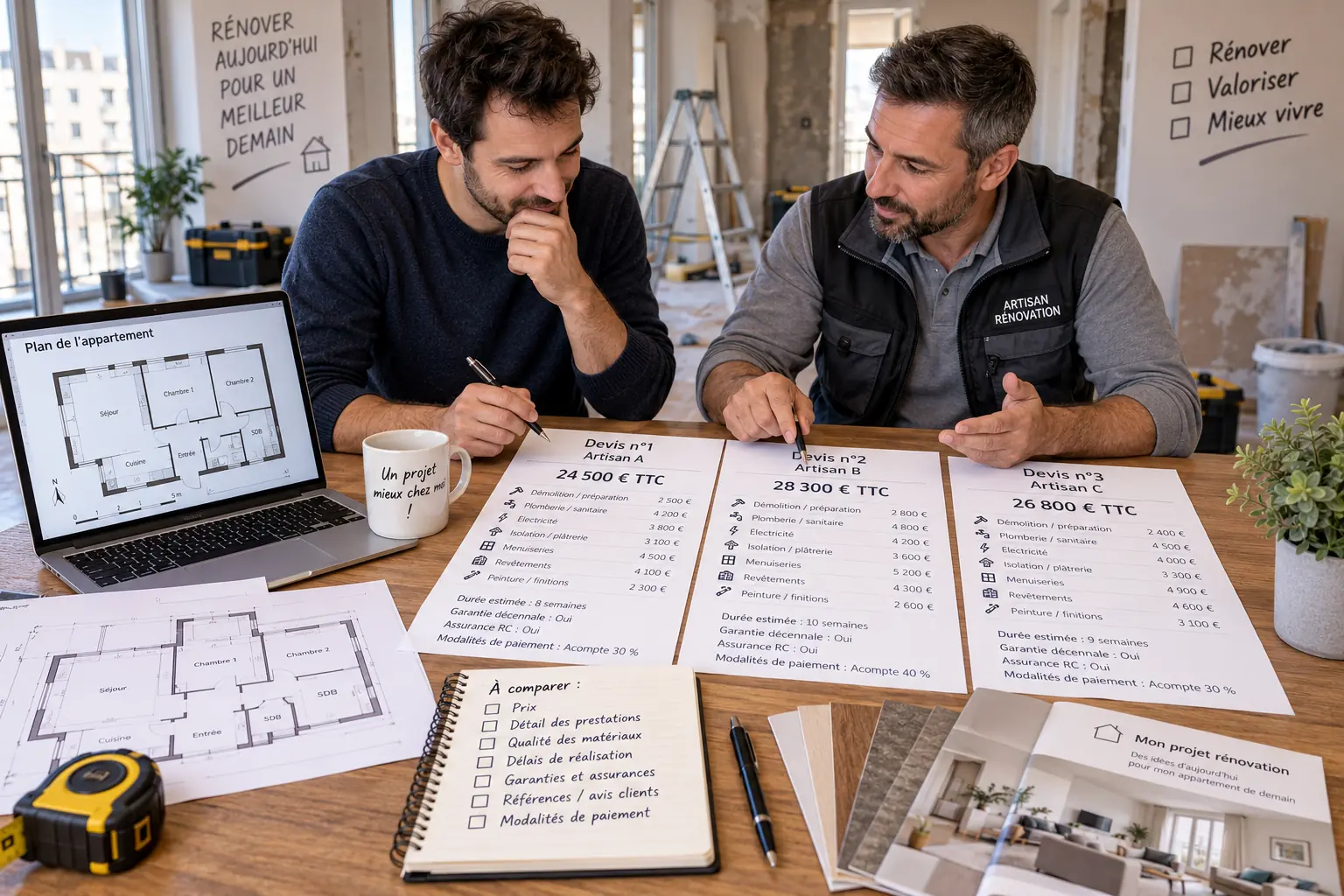 Propriétaire comparant plusieurs devis de rénovation d’appartement avec plans et artisan