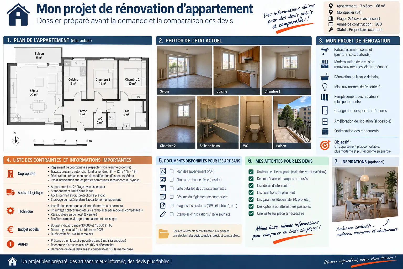 Plan d’appartement, photos et liste de contraintes préparés avant la comparaison des artisans