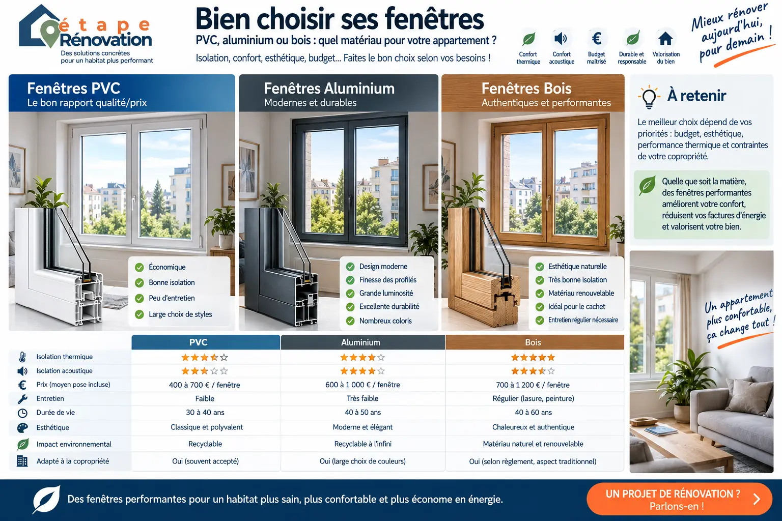 Comparatif de fenêtres PVC aluminium et bois pour un appartement rénové