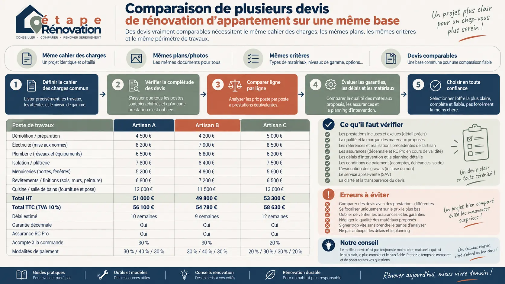 Comparaison de plusieurs devis de rénovation d’appartement sur une même base