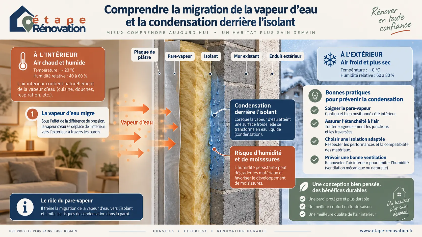 Coupe d’un mur isolé montrant vapeur d’eau et condensation derrière l’isolant