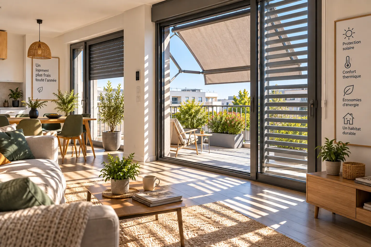 Appartement lumineux protégé du soleil par des stores et protections extérieures