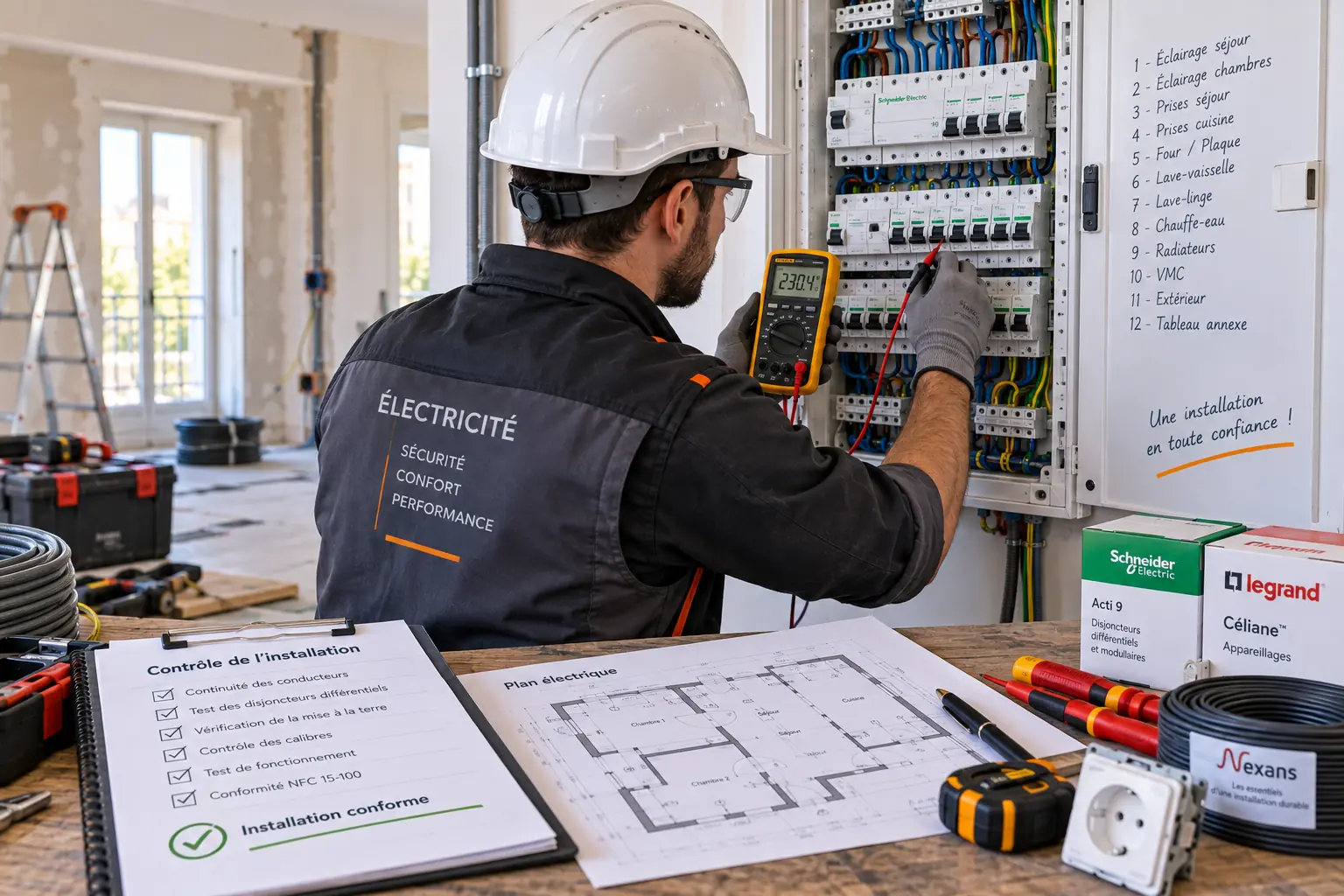 Électricien contrôlant une installation électrique et ses protections