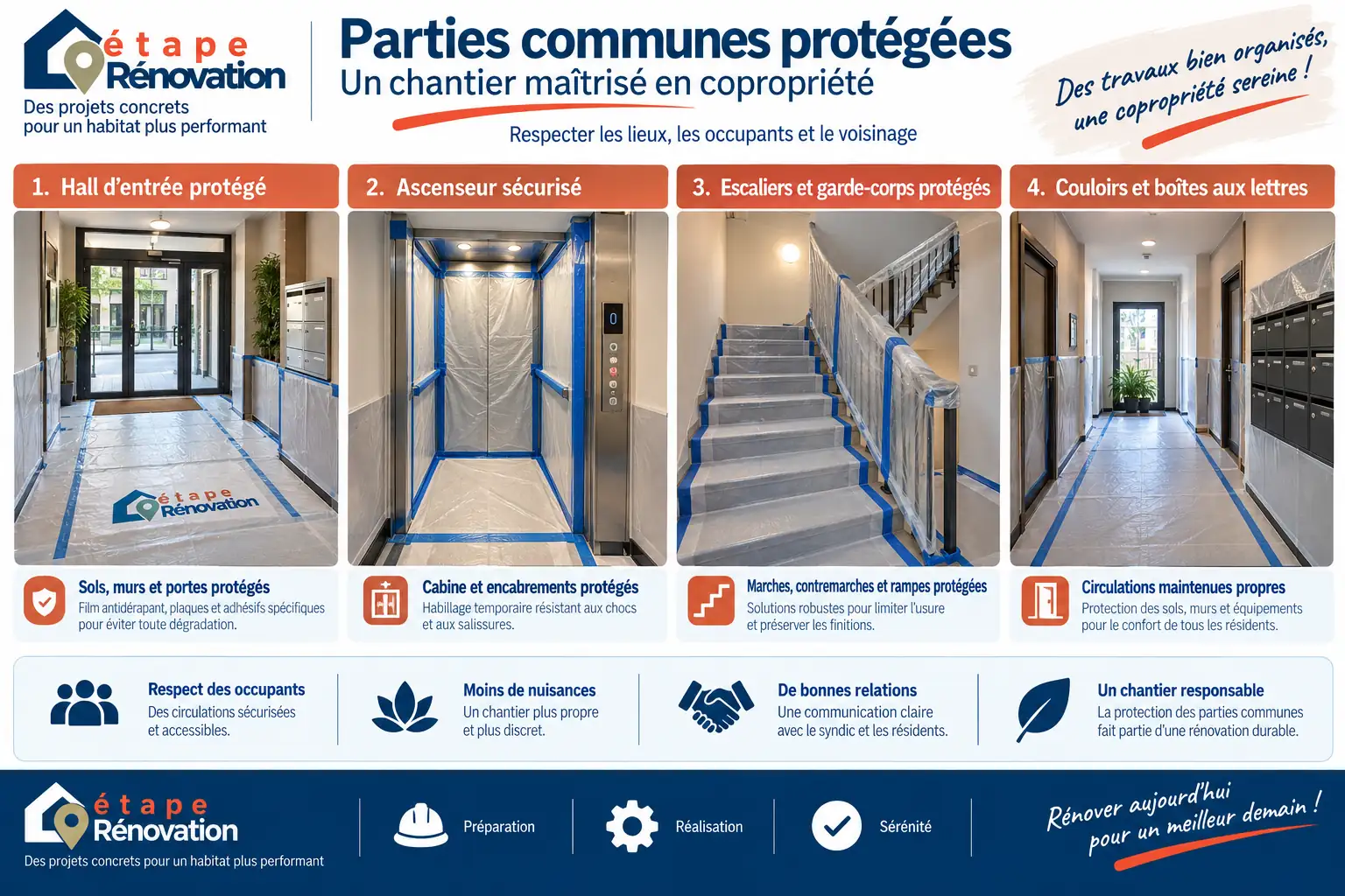 Parties communes protégées pendant un chantier de rénovation en copropriété