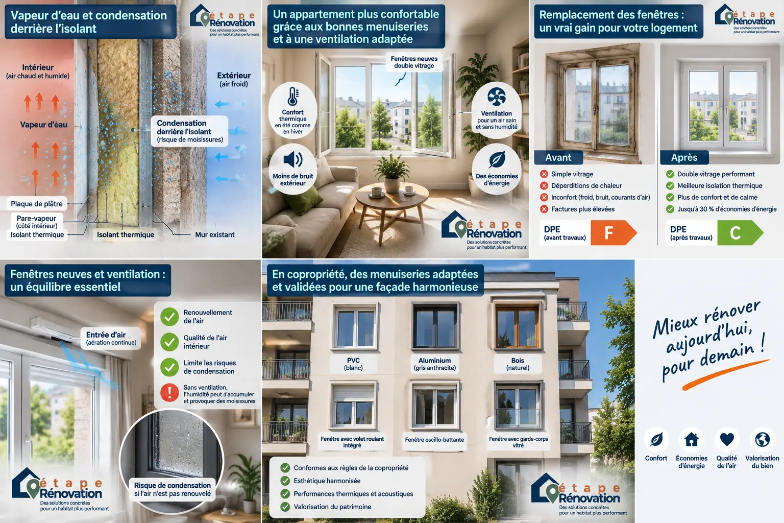 Façade d’immeuble en copropriété avec différents modèles de fenêtres et validation des menuiseries