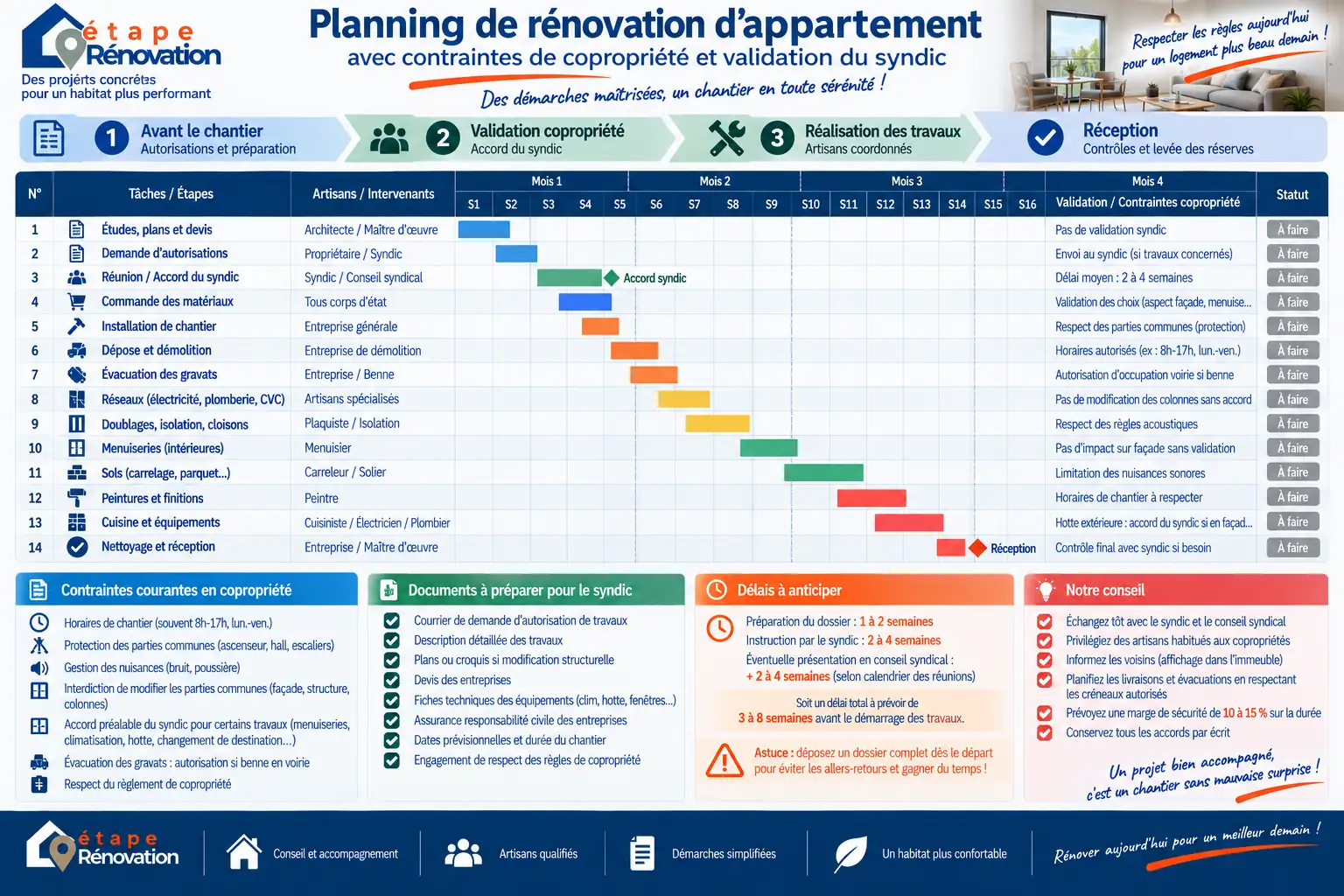 Planning de rénovation d’appartement avec contraintes de copropriété et validation du syndic