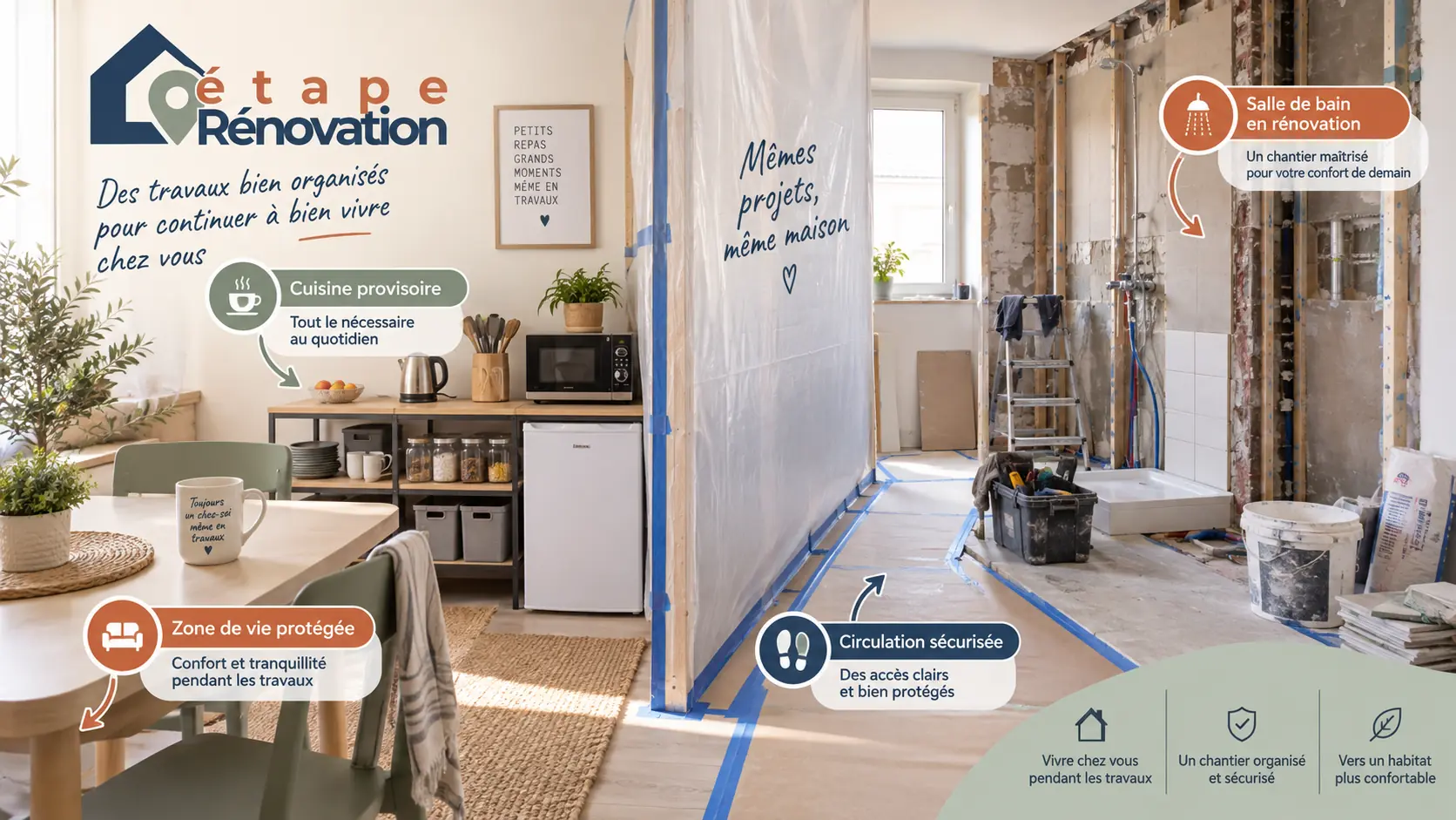 Cuisine provisoire et salle de bain en rénovation dans un appartement occupé