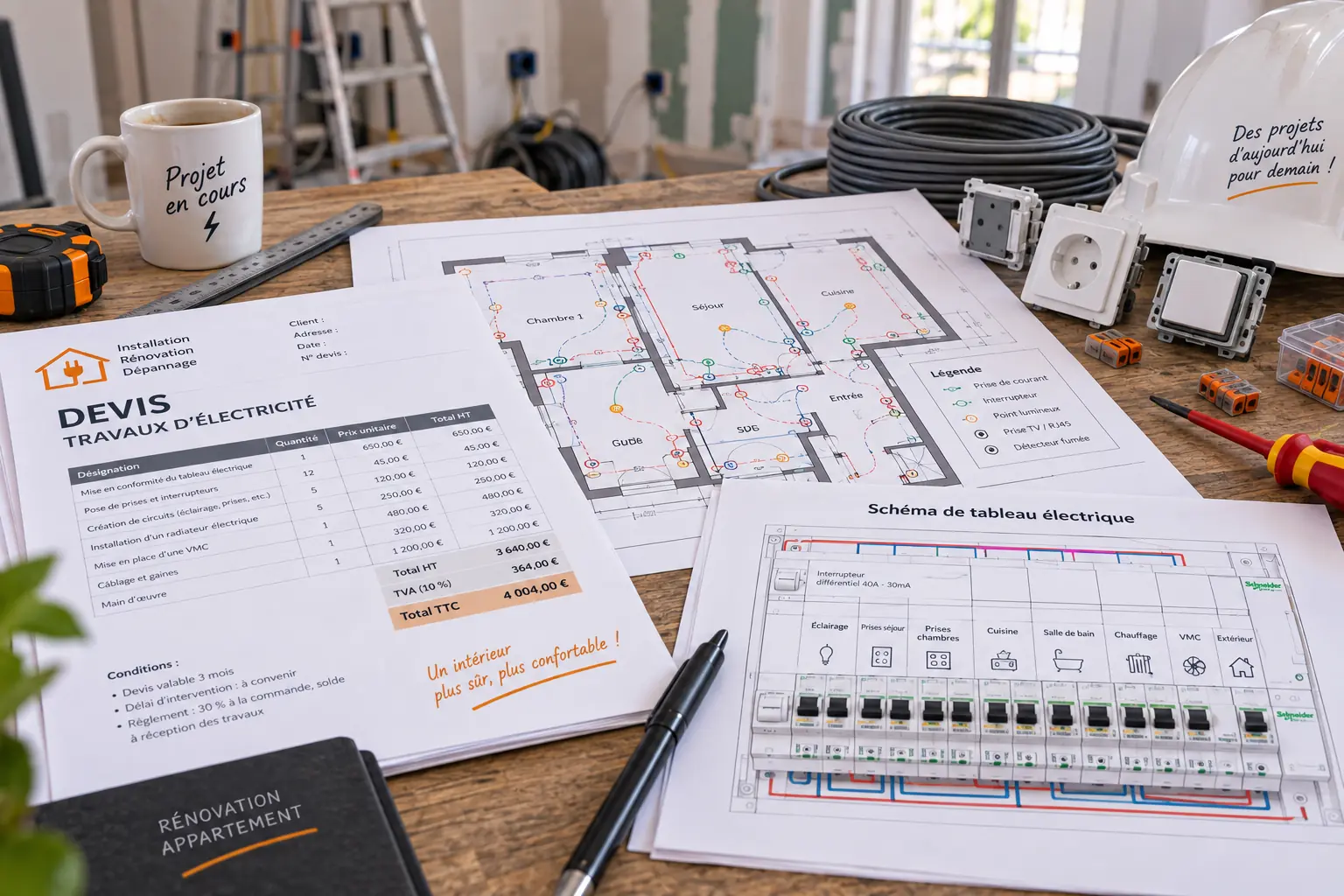 Devis d’électricité, plans et schéma de tableau posés sur une table