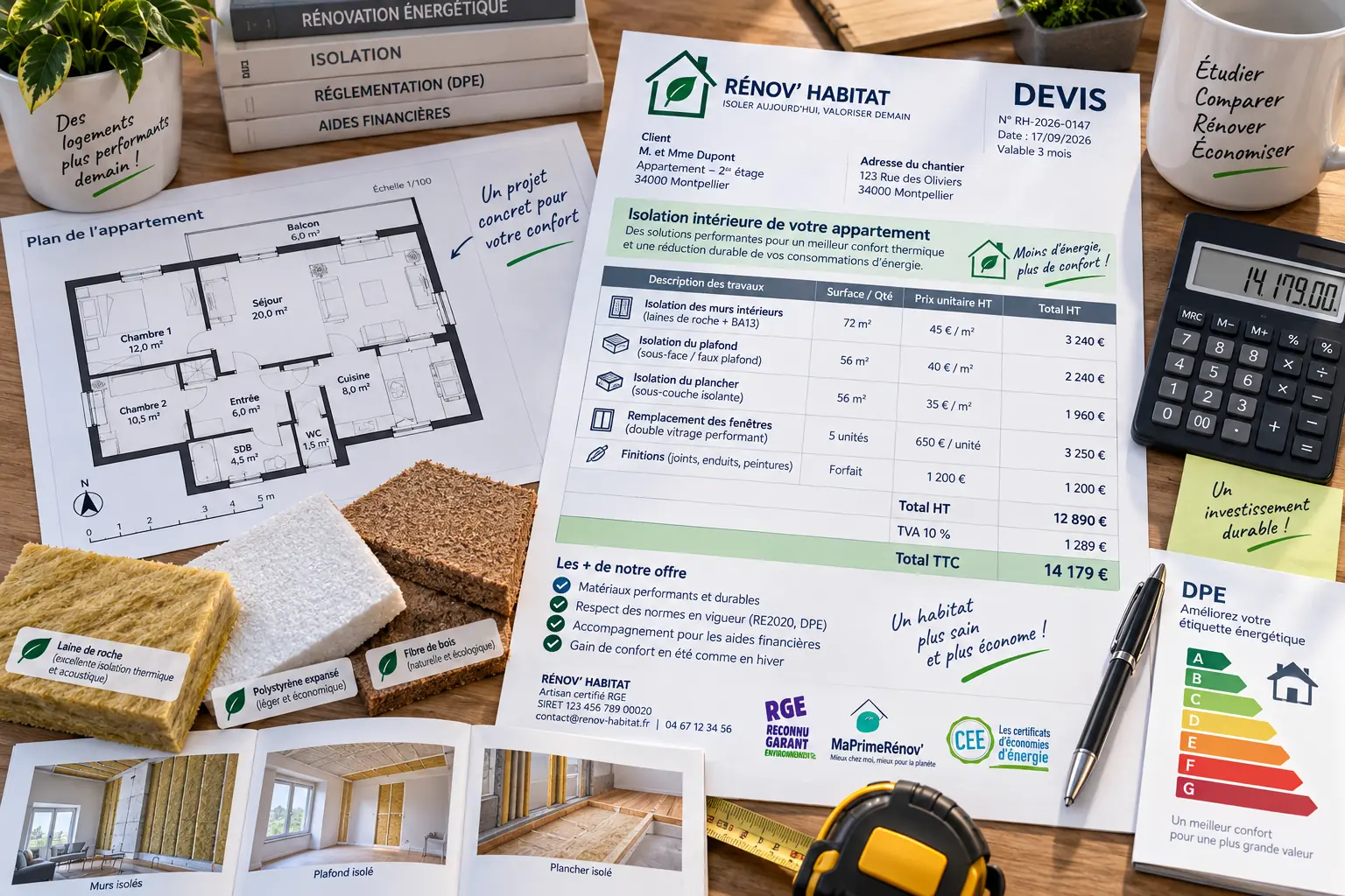 Devis d’isolation d’appartement avec plans, échantillons d’isolants et calculatrice