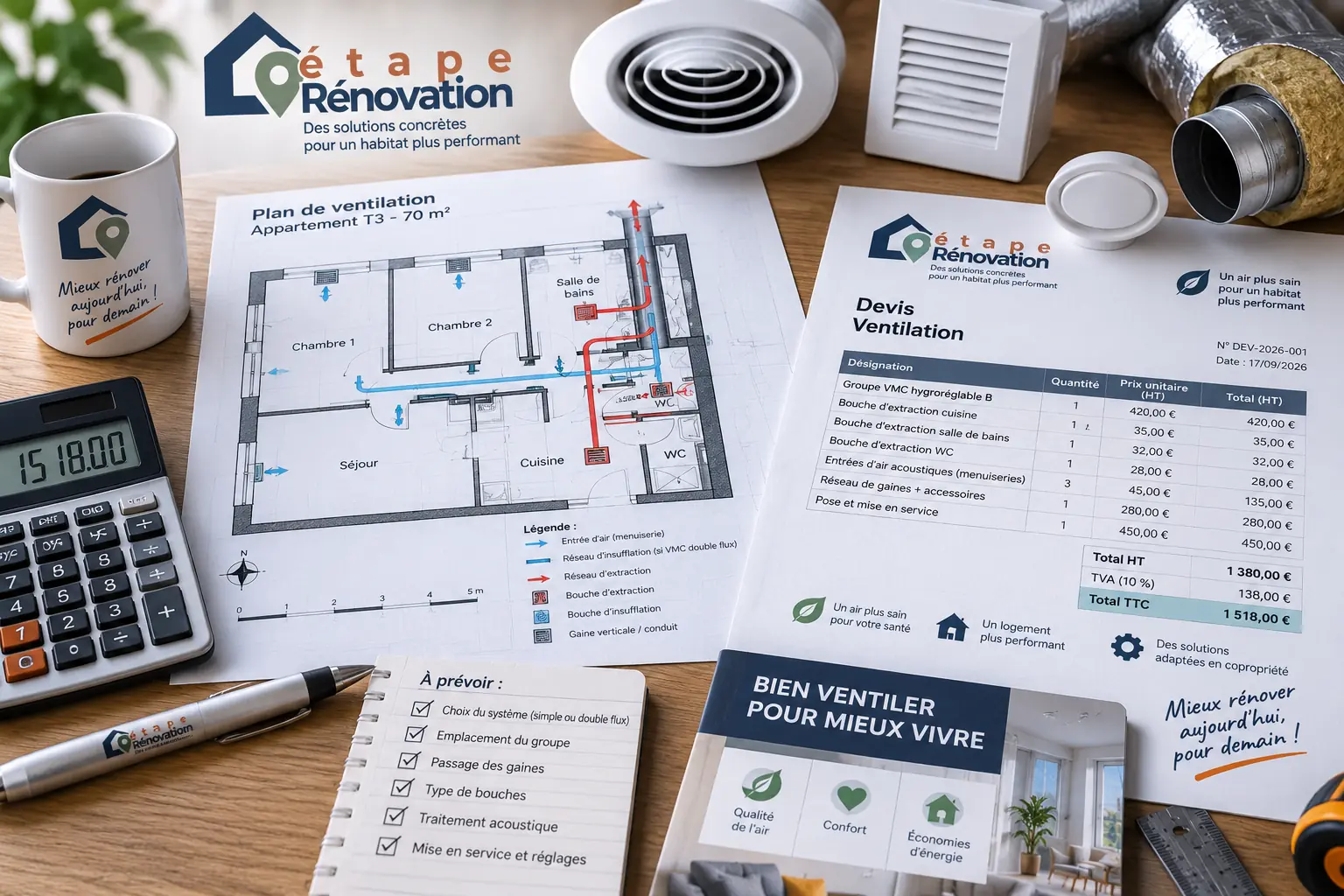 Devis de ventilation avec plans, bouche VMC et calculatrice