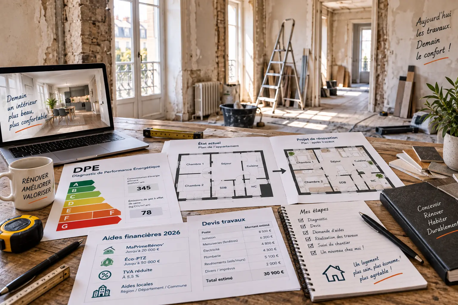Documents de diagnostic et plans de rénovation sur une table