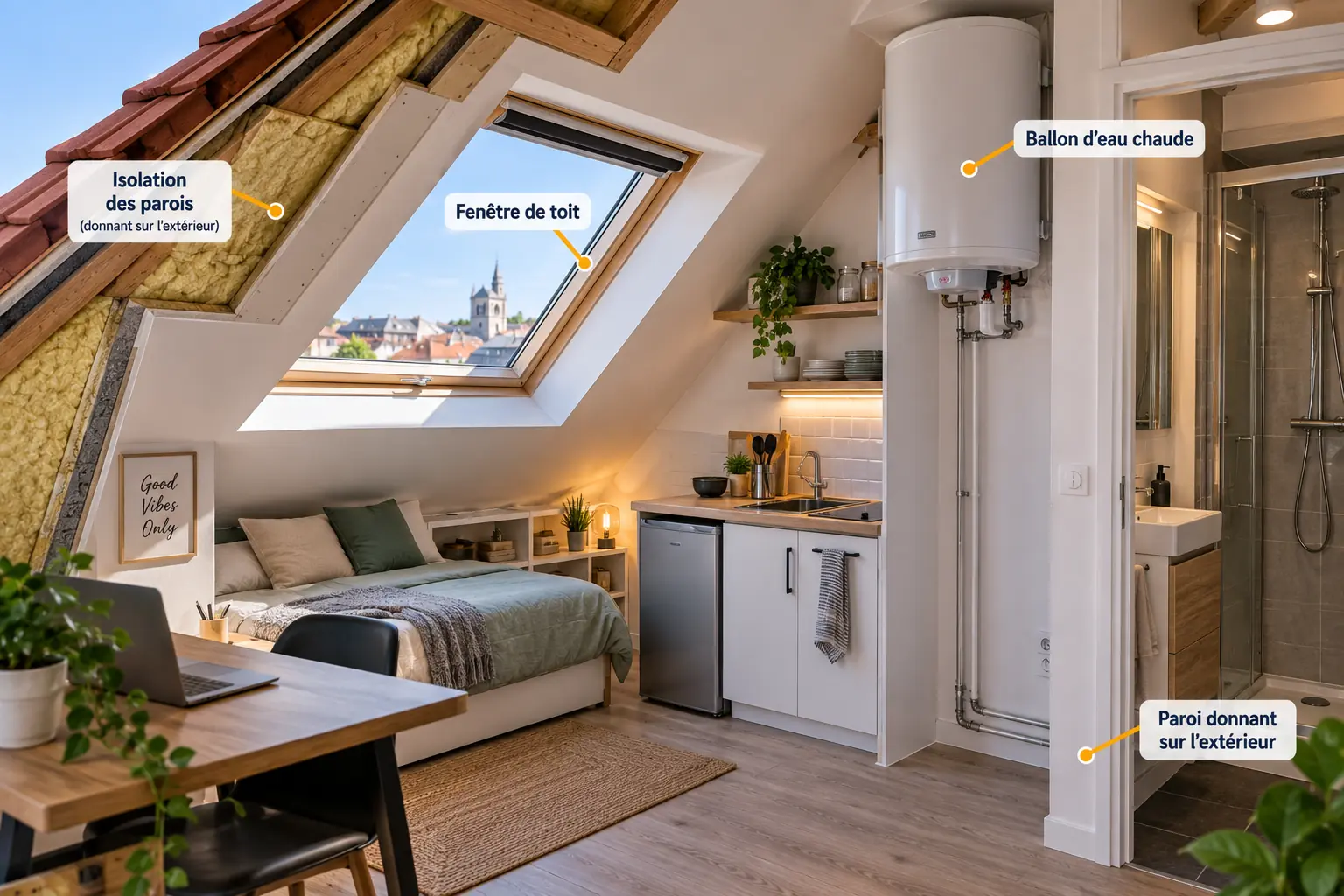 Petit studio sous toiture avec fenêtre, ballon d’eau chaude et parois donnant sur l’extérieur