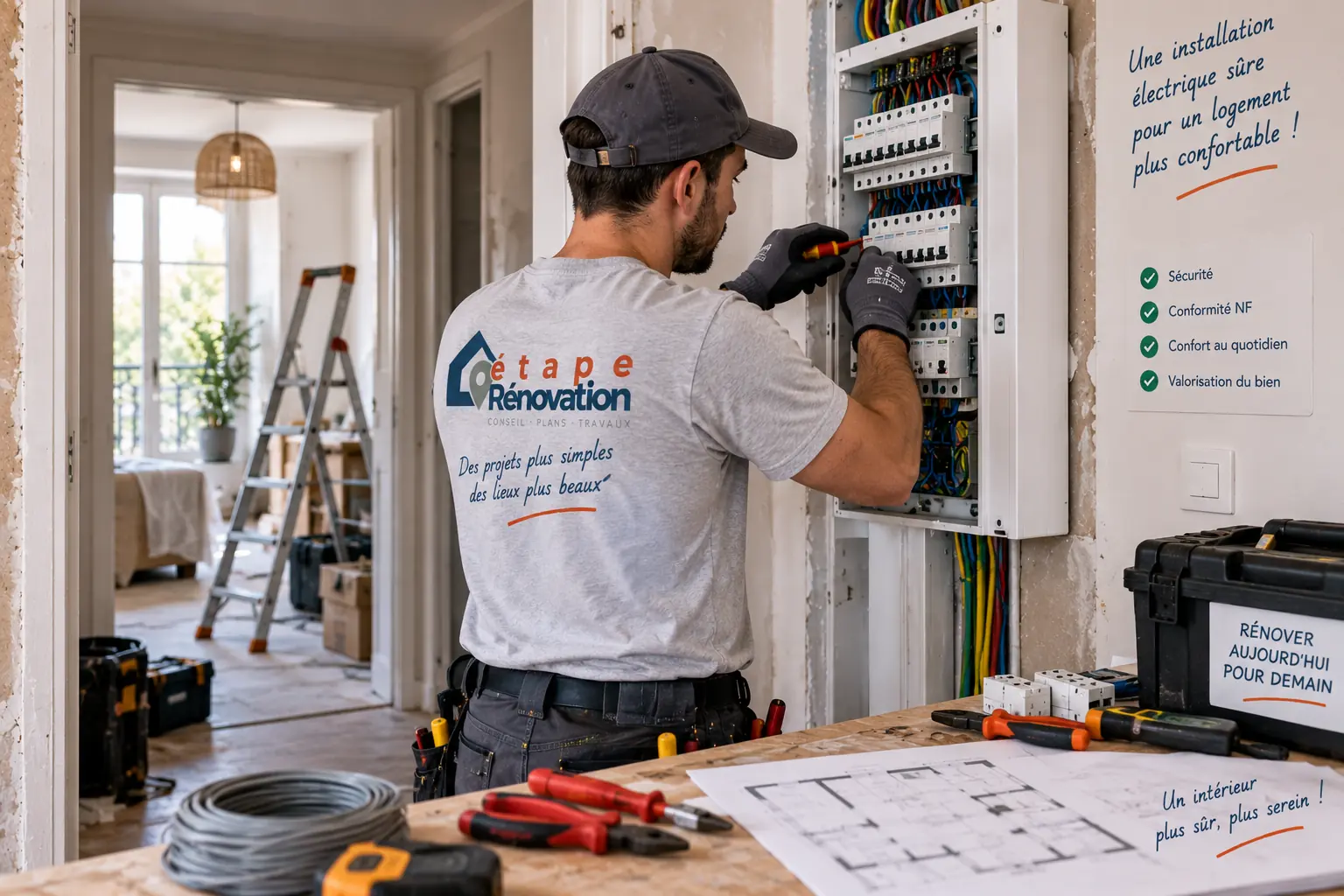Électricien intervenant sur un tableau électrique