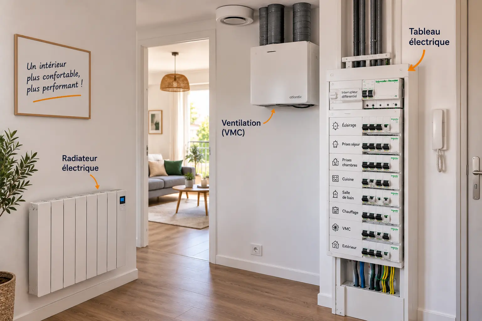 Radiateur électrique, ventilation et tableau dans un appartement rénové