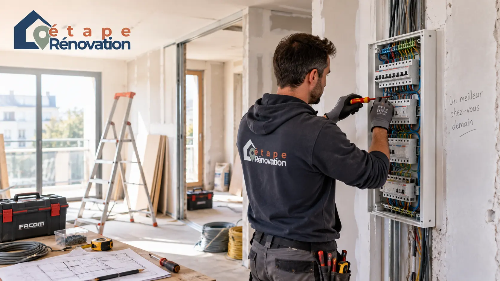 Électricien intervenant sur un tableau électrique lors de la rénovation d’un appartement