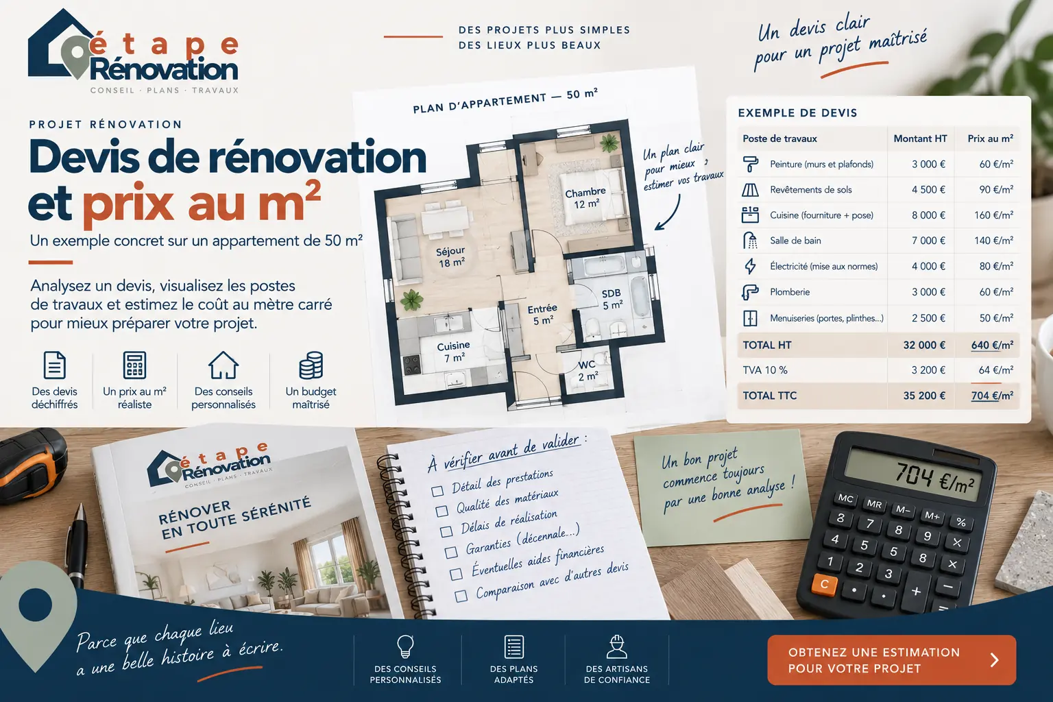 Devis de rénovation et calcul de prix au mètre carré sur un plan d’appartement