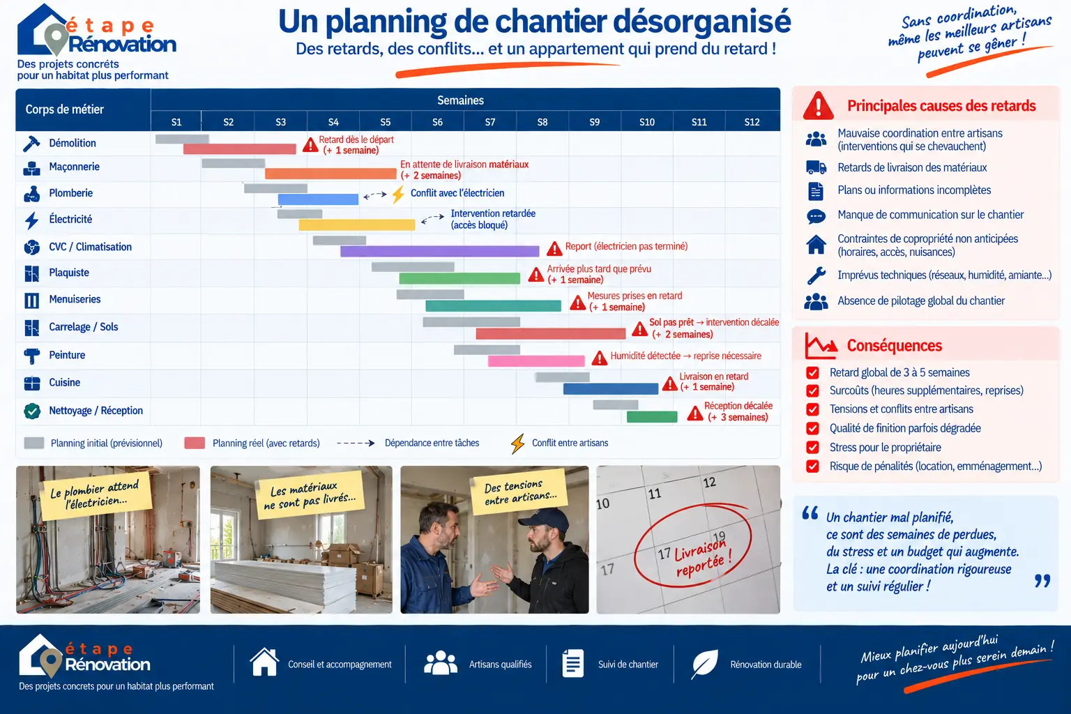 Planning de chantier désorganisé avec retards et conflits entre artisans