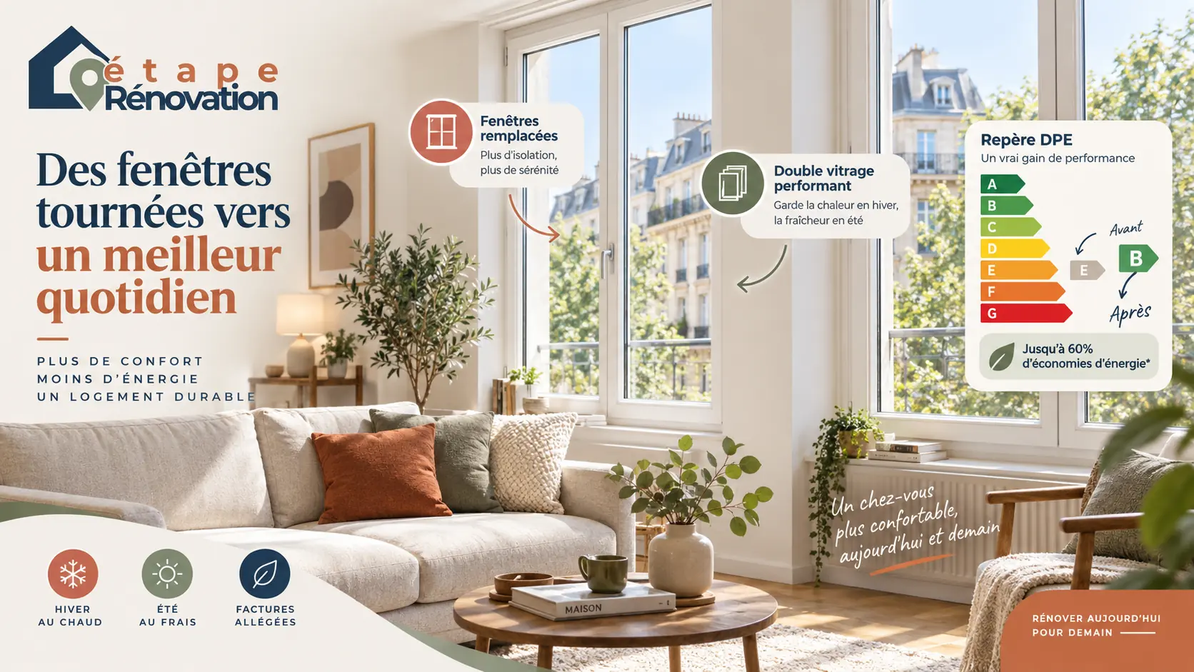 Appartement avec anciennes fenêtres remplacées par du double vitrage performant et repère DPE