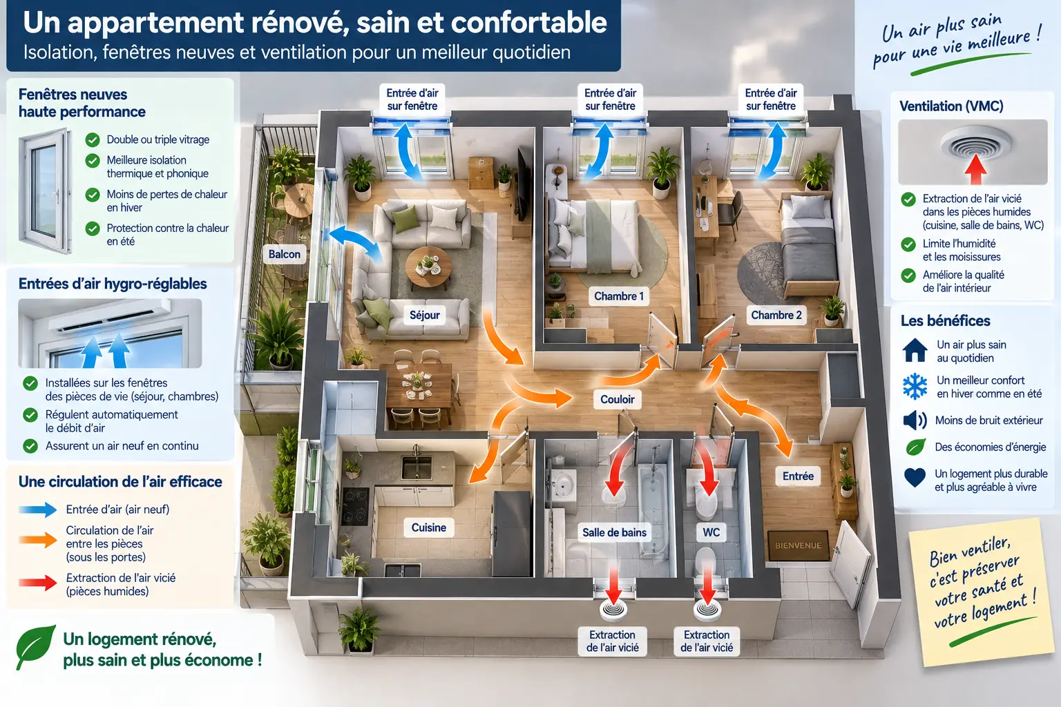Appartement rénové avec fenêtres neuves, entrées d’air et circulation de l’air