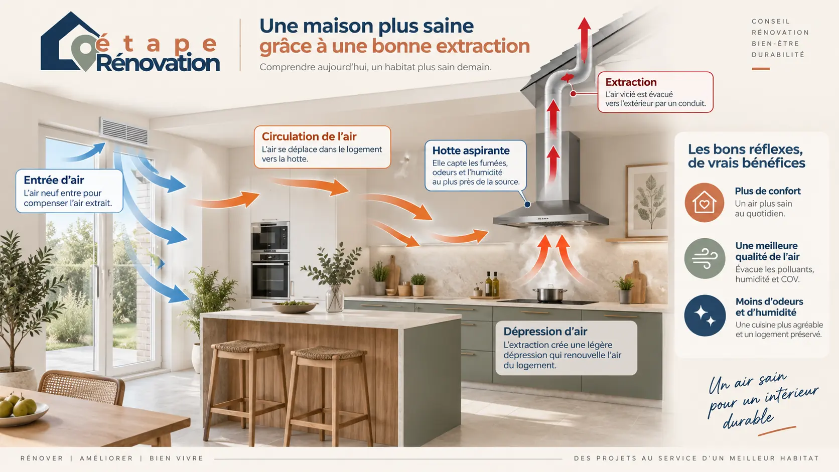 Cuisine rénovée avec hotte aspirante et représentation de la dépression d’air
