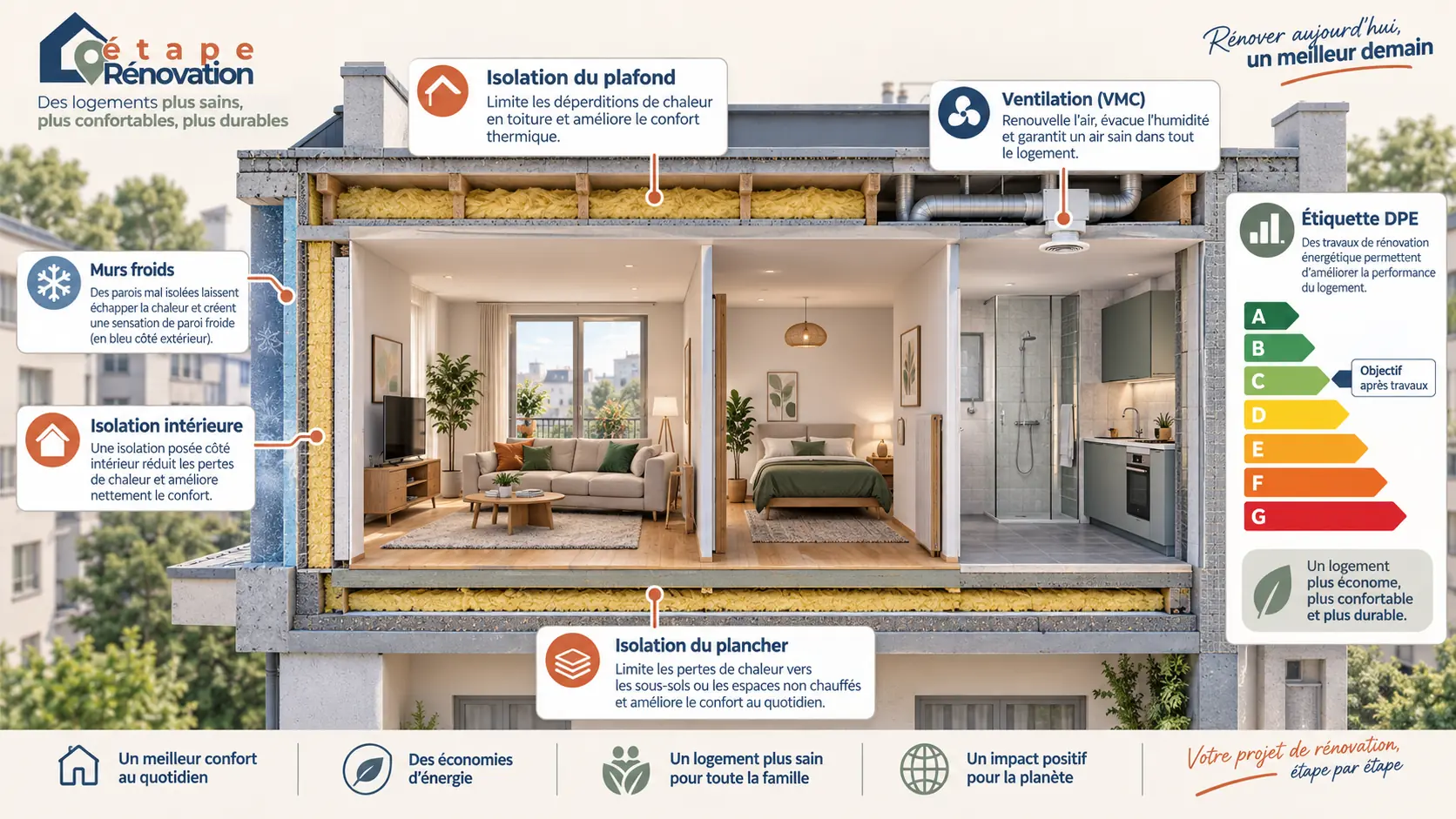 Appartement en coupe montrant murs froids, isolation intérieure, plafond, plancher, ventilation et étiquette DPE