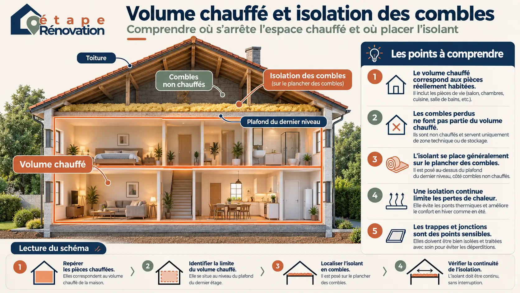 Schéma du volume chauffé d’une maison et de l’emplacement de l’isolation des combles