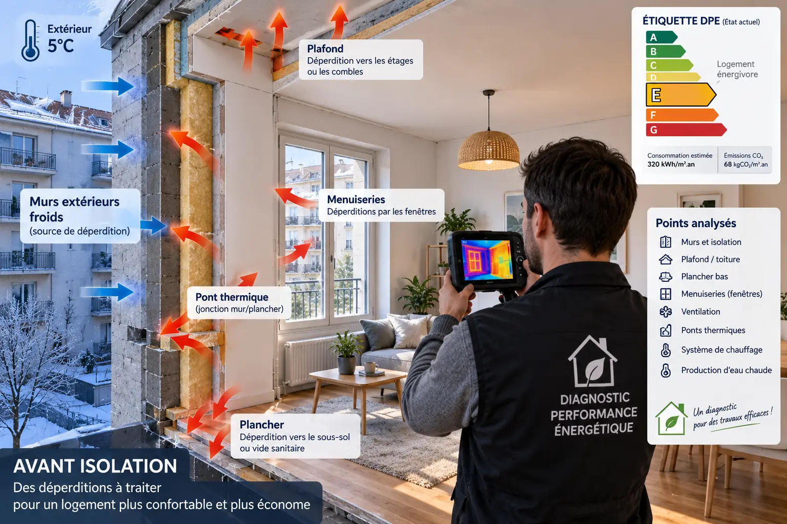 Appartement avec murs extérieurs froids et zones de déperdition analysées avant isolation