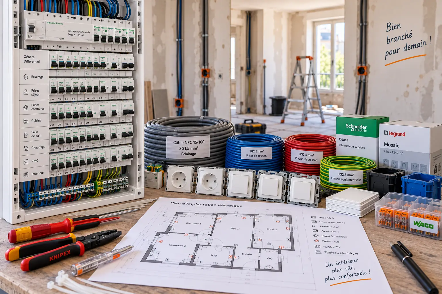 Tableau électrique, câbles et appareillages préparés pour une rénovation complète