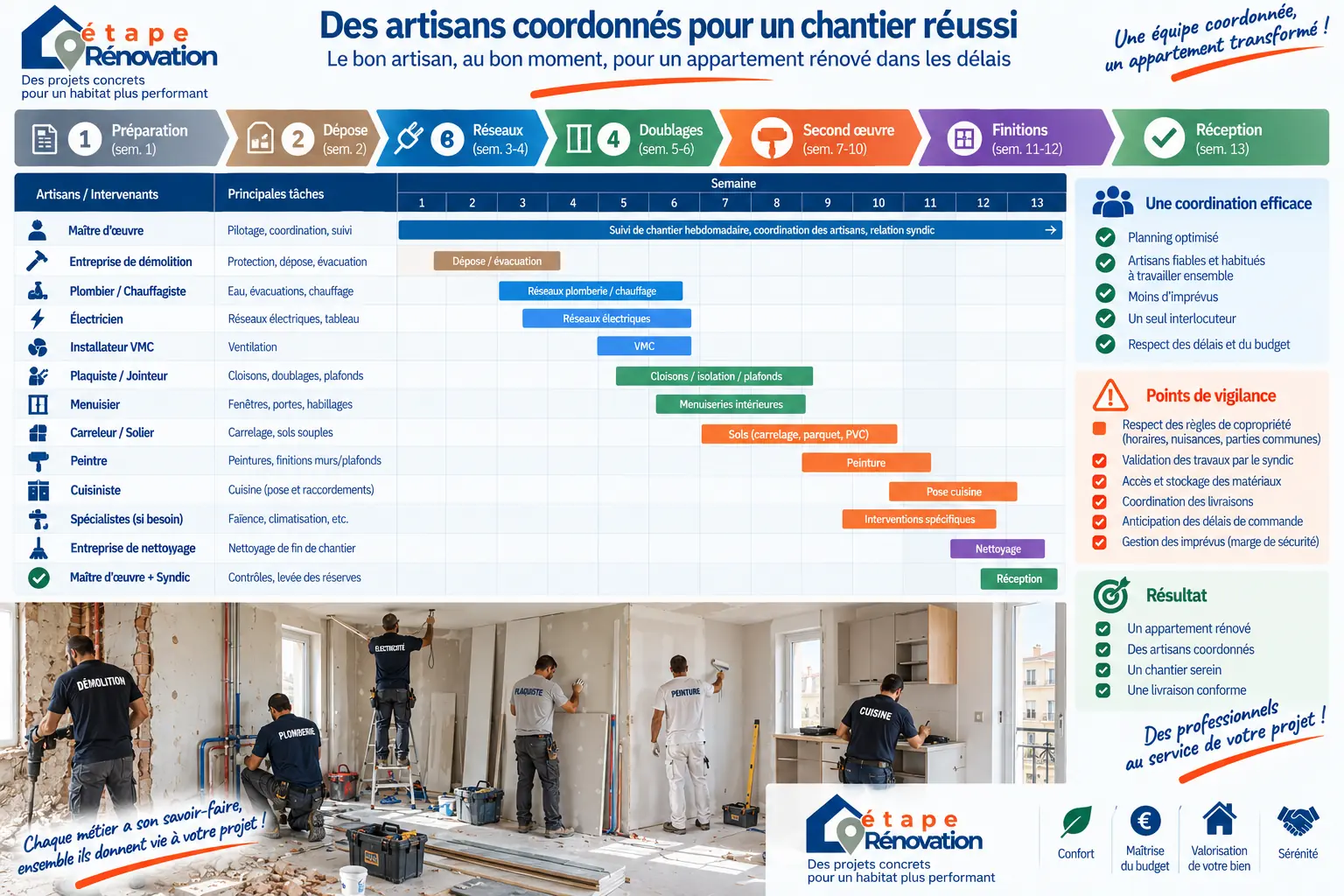 Artisans coordonnés sur un chantier de rénovation d’appartement