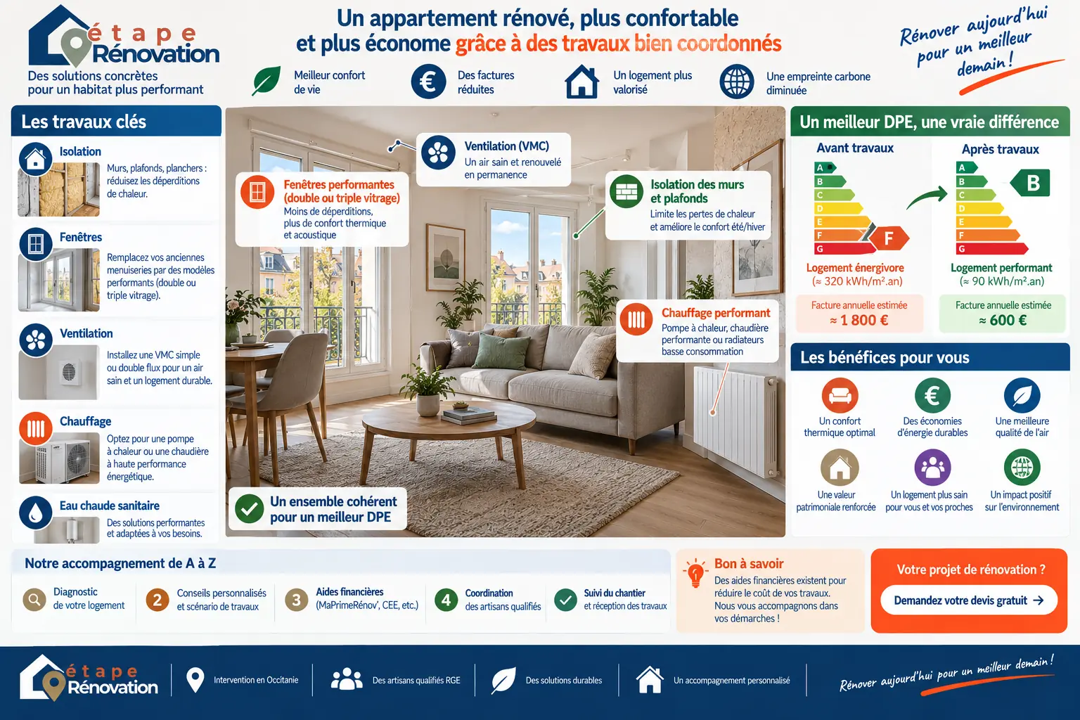 Appartement rénové avec isolation, fenêtres, ventilation et chauffage coordonnés pour le DPE