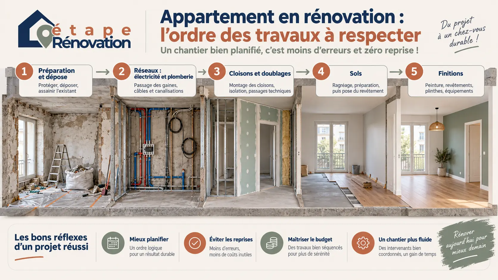 Appartement en rénovation montrant l’ordre des travaux, réseaux, cloisons, sols et finitions