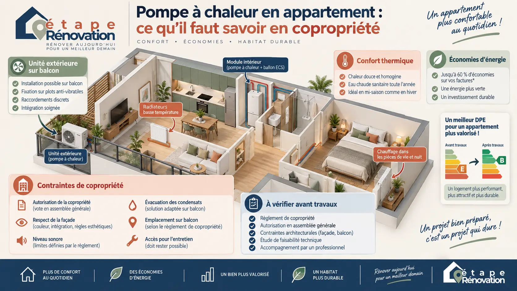 Pompe à chaleur en appartement avec unité extérieure sur balcon et contraintes de copropriété