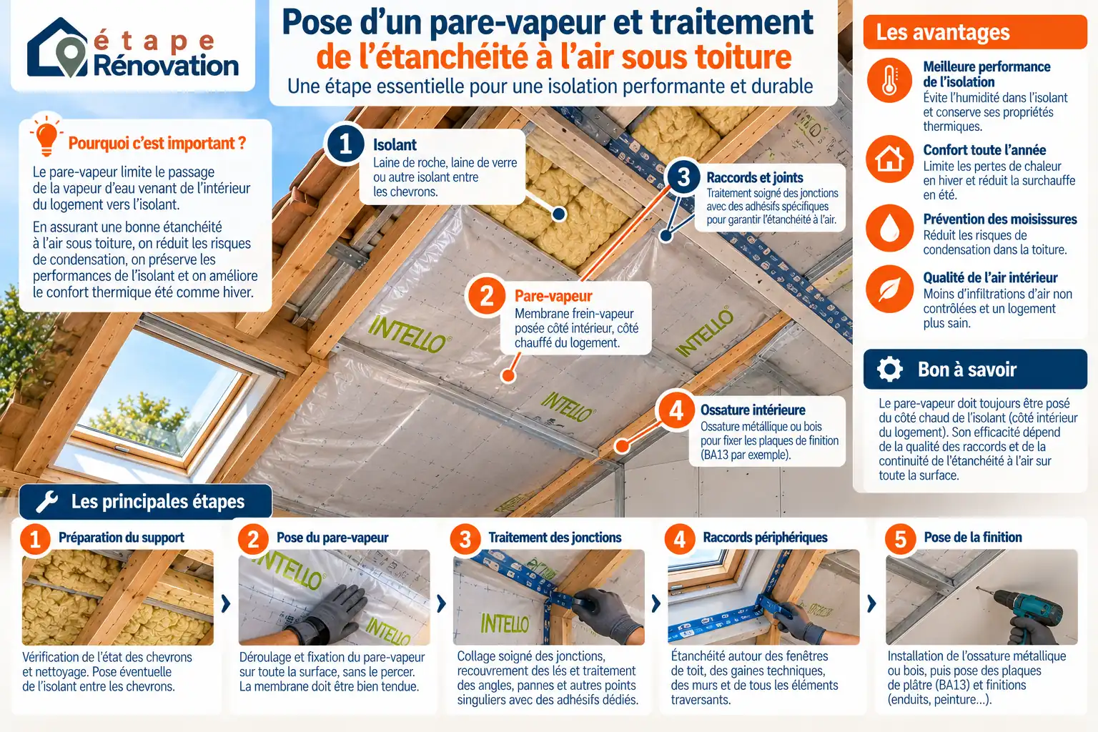 Pose d’un pare-vapeur et traitement de l’étanchéité à l’air sous toiture