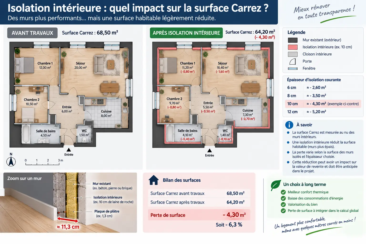 Plan d’appartement illustrant la perte de surface Carrez liée à une isolation intérieure
