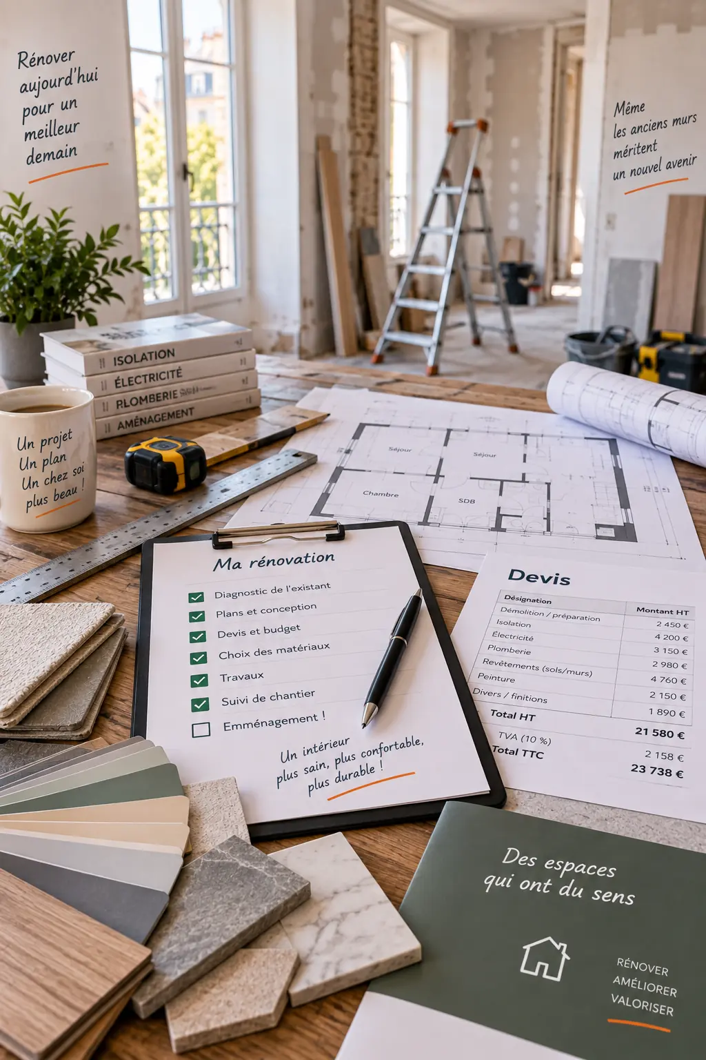 Checklist de rénovation avec cases cochées, devis, règle et échantillons de matériaux