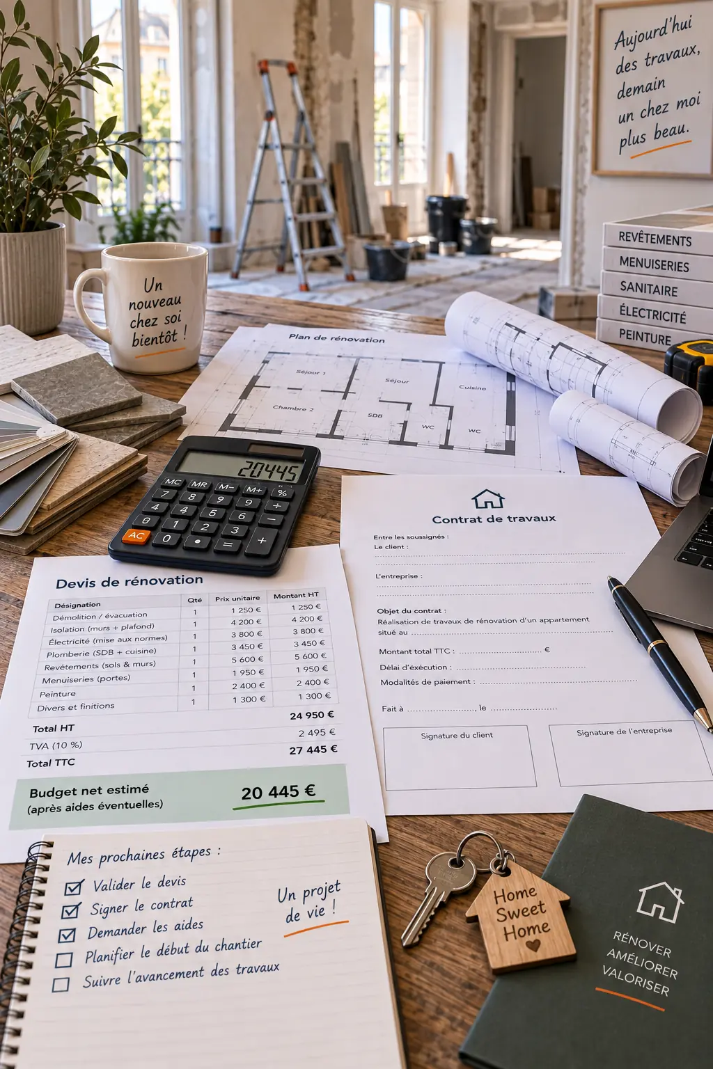 Devis de rénovation, calculatrice, stylo et documents contractuels posés sur une table